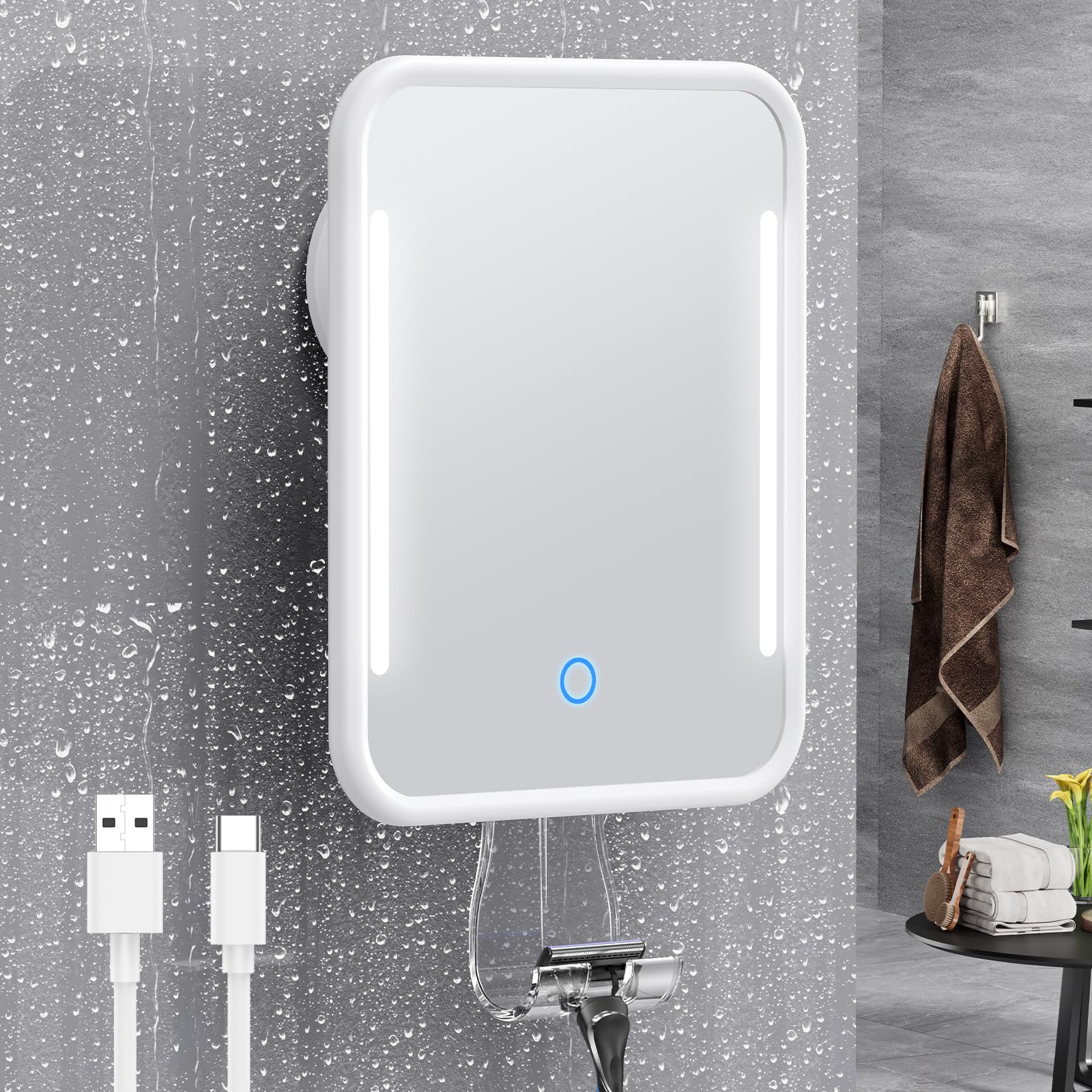Gospire Heated Shower Mirror Fogless For Shaving With Light, Rechargeable Battery And Adjustable Brightness, Suction Cup And Raz