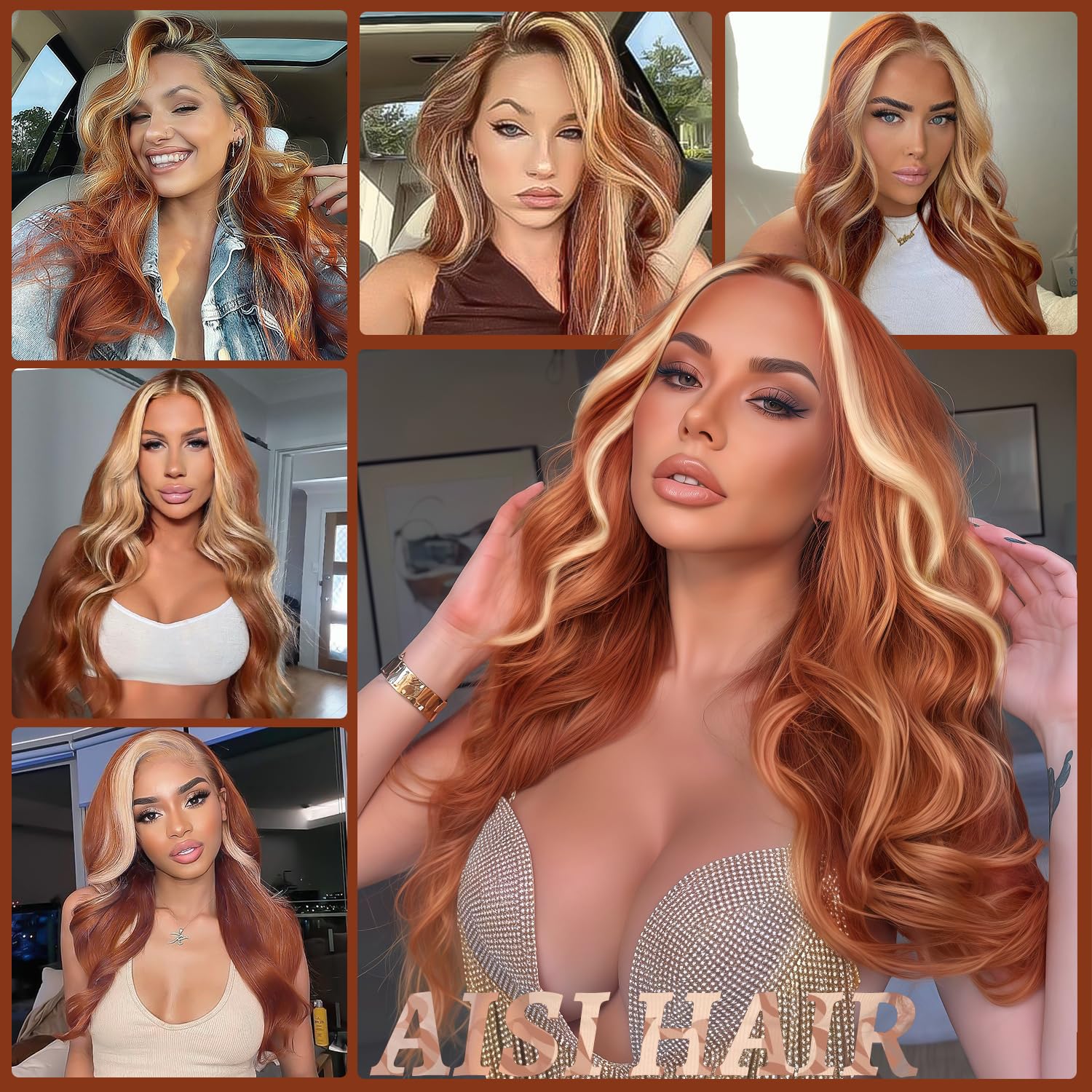 Aisi Hair Ginger Mixed Blonde Wig For Women, Long Wavy Lace Hairline Middle Part Synthetic Wig For Daily Party-26 Inch