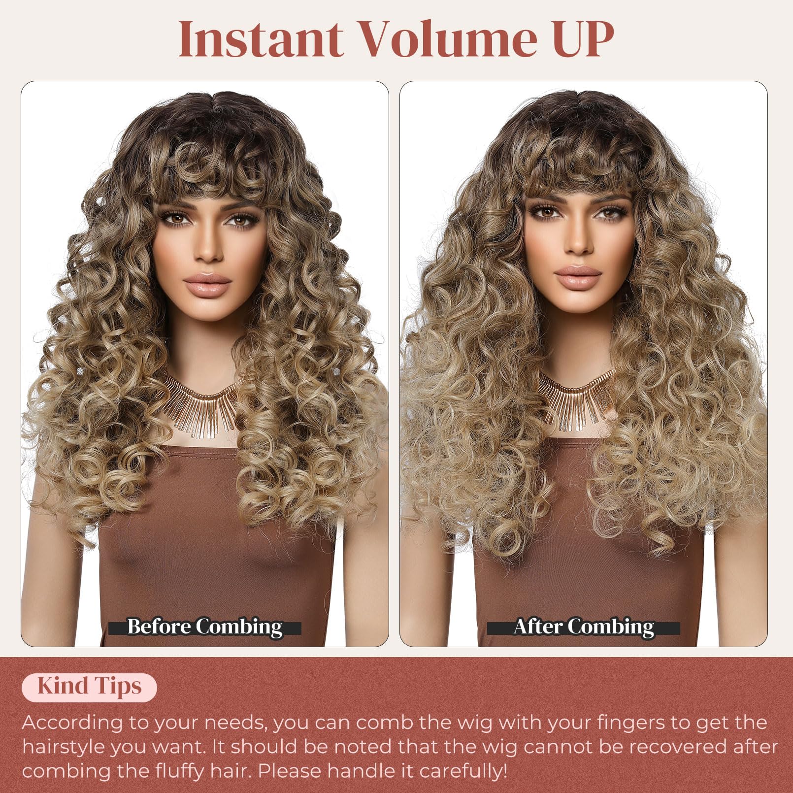 Lonai Curly Wig With Bangs For Women Long Honey Blonde Kinky Wigs With Bangs Wig006 Curly Shag Synthetic Wig For Daily Use Party