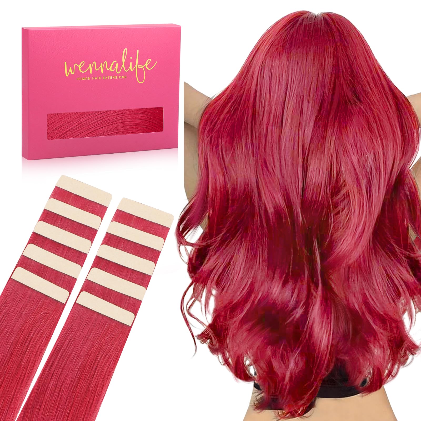 Wennalife Tape In Hair Extensions Human Hair Red Tape In Extensions, 10Pcs 20G 12 Inch Remy Invisible Tape Ins Straight Colored