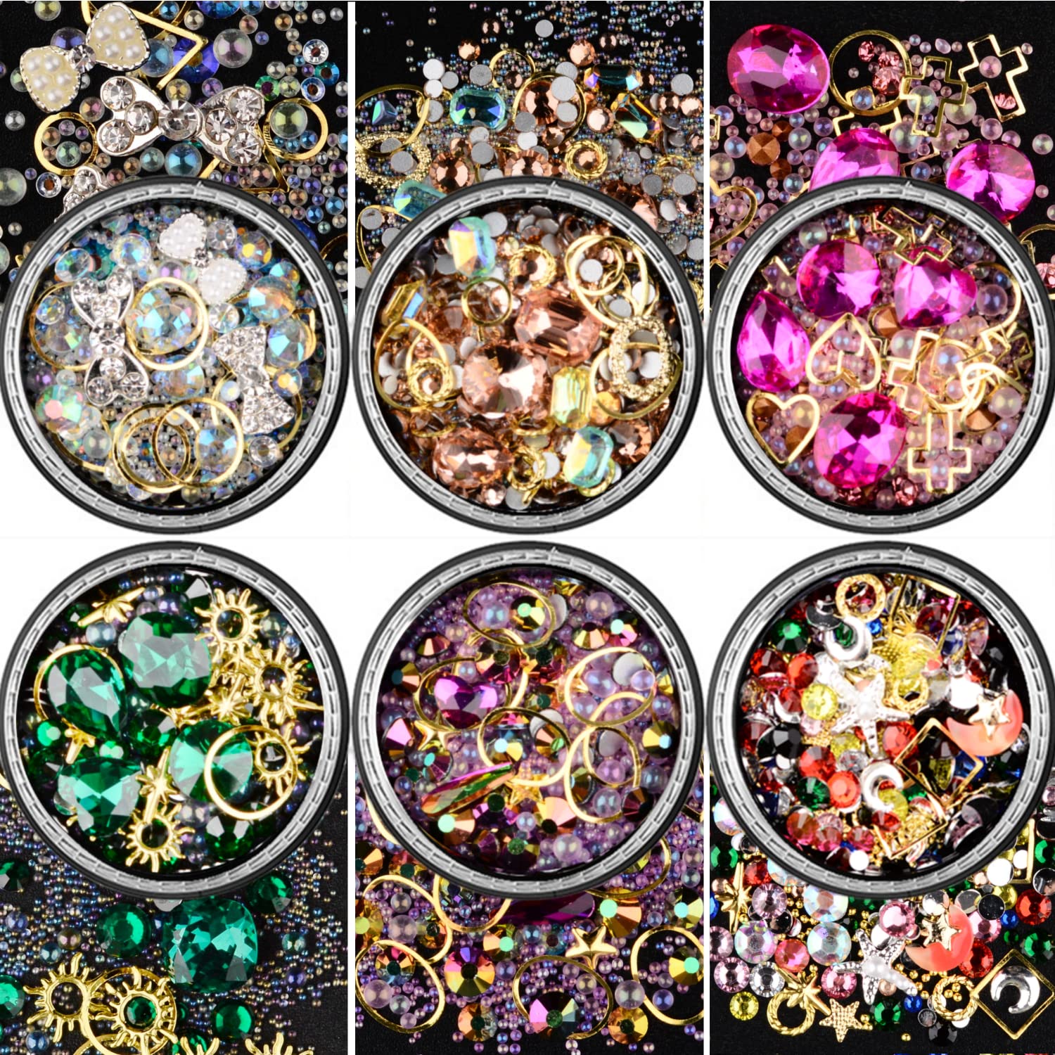 editTime 6 Wheels Mixed Sparkle Nail Art Rhinestones Diamonds Crystals Butterfly Beads Artificial Pearls Gold Silver Nail Studs 