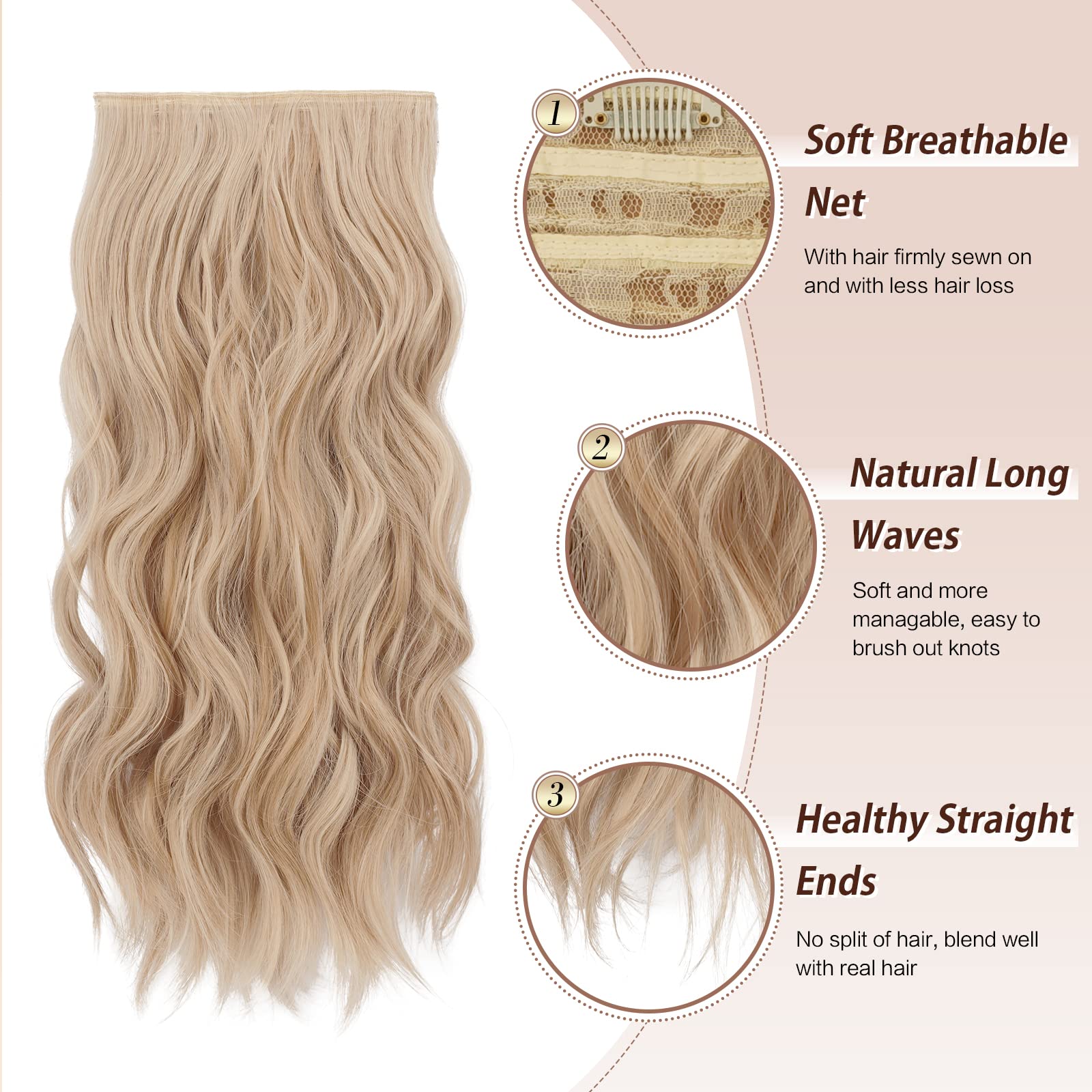 FESHFEN Clip in Hair Extensions 4 PCS Honey Blonde Mixed Platinum Blonde Thick Highlighted Hairpieces Long Wavy Clip in Hair Pie