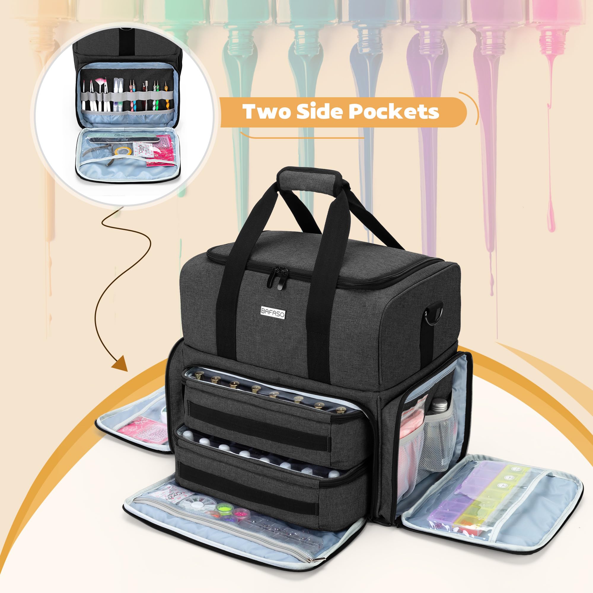 BAFASO Nail Polish Organizer Holds 80 Bottles (15ml - 0.5 fl.oz) and a UV Nail Lamp, Nail Polish Case with 2 Removable Pouches a