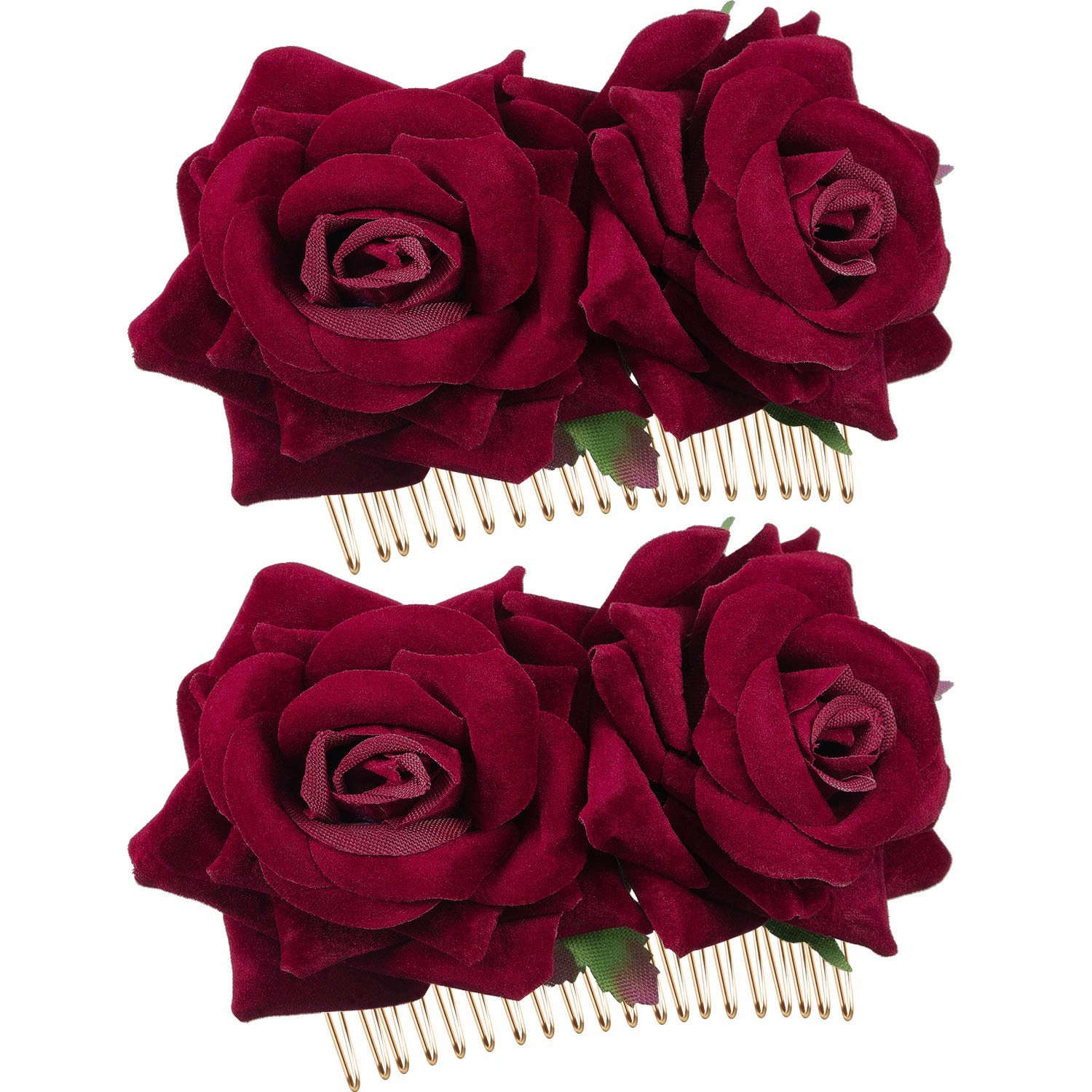 2 Pack Rose Flower Hair Clip, Women Wedding Hair Accessories, Flamenco Dancer (Dark Red)