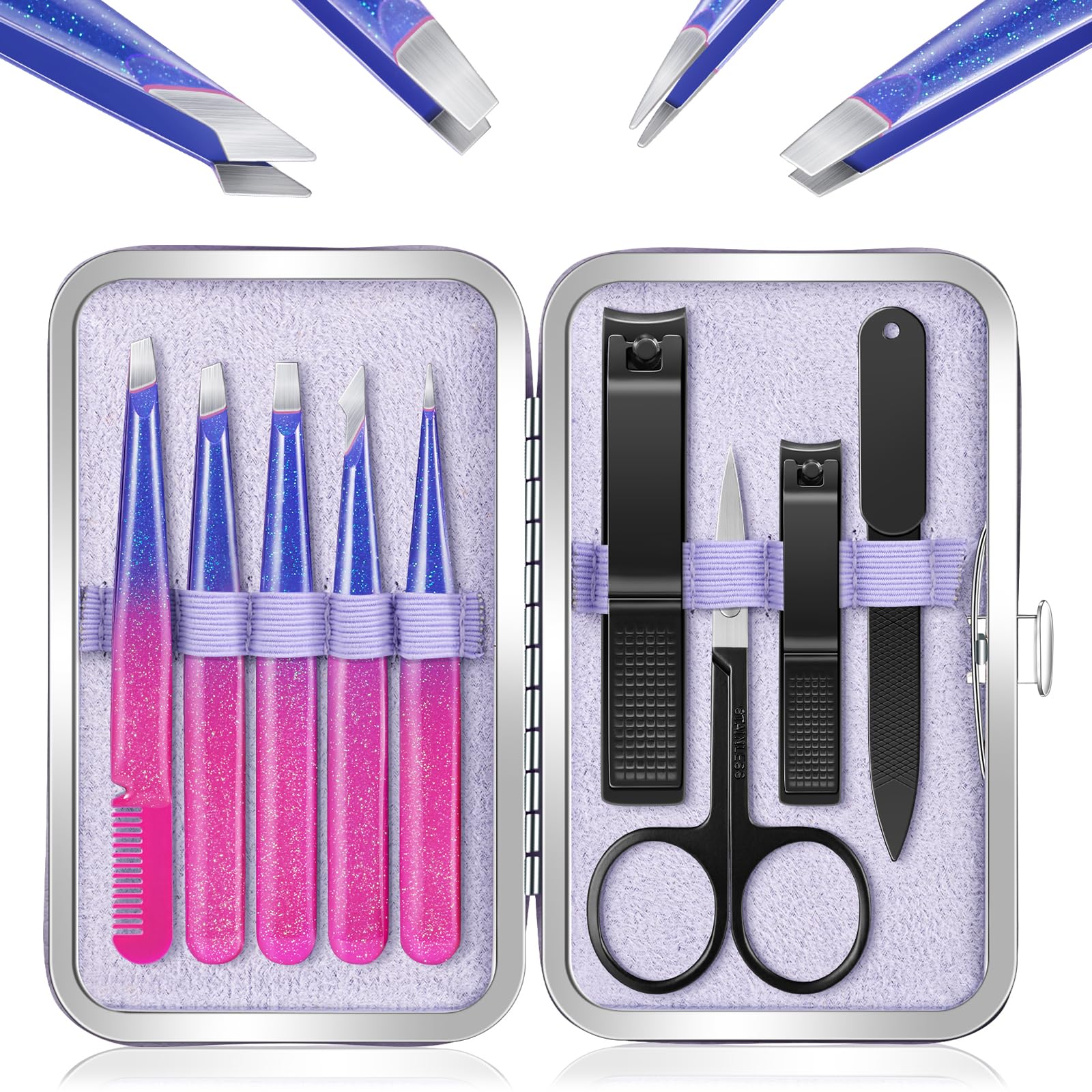 MORGLES Tweezers Set for Facial Hair, Eyebrow Tweezers for Women, Tweezers and Nail Clipper Set with Travel Case, Precision Twee