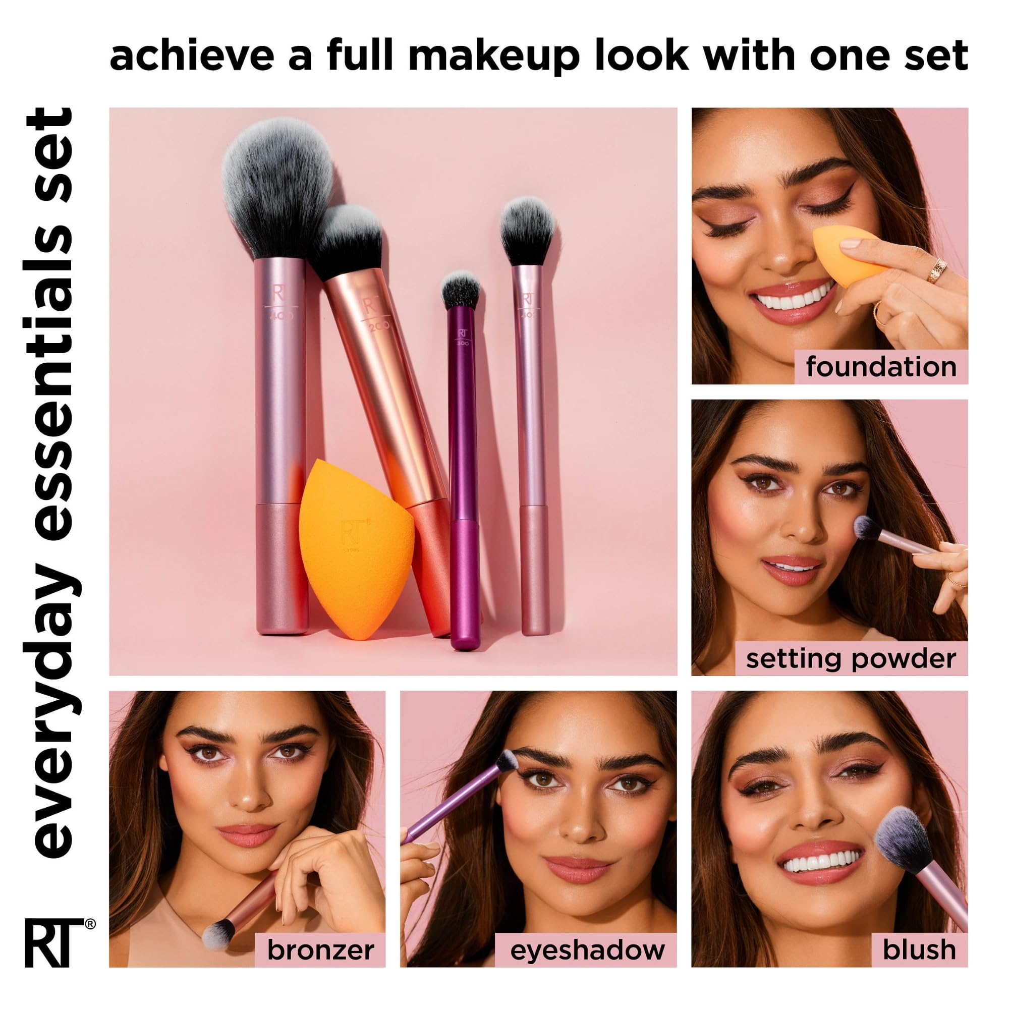 Real Techniques 6 Piece Everyday Essentials Makeup Brush Set, 4 Brushes & 2 Makeup Sponges, For Foundation, Blush, Contour, Eyes