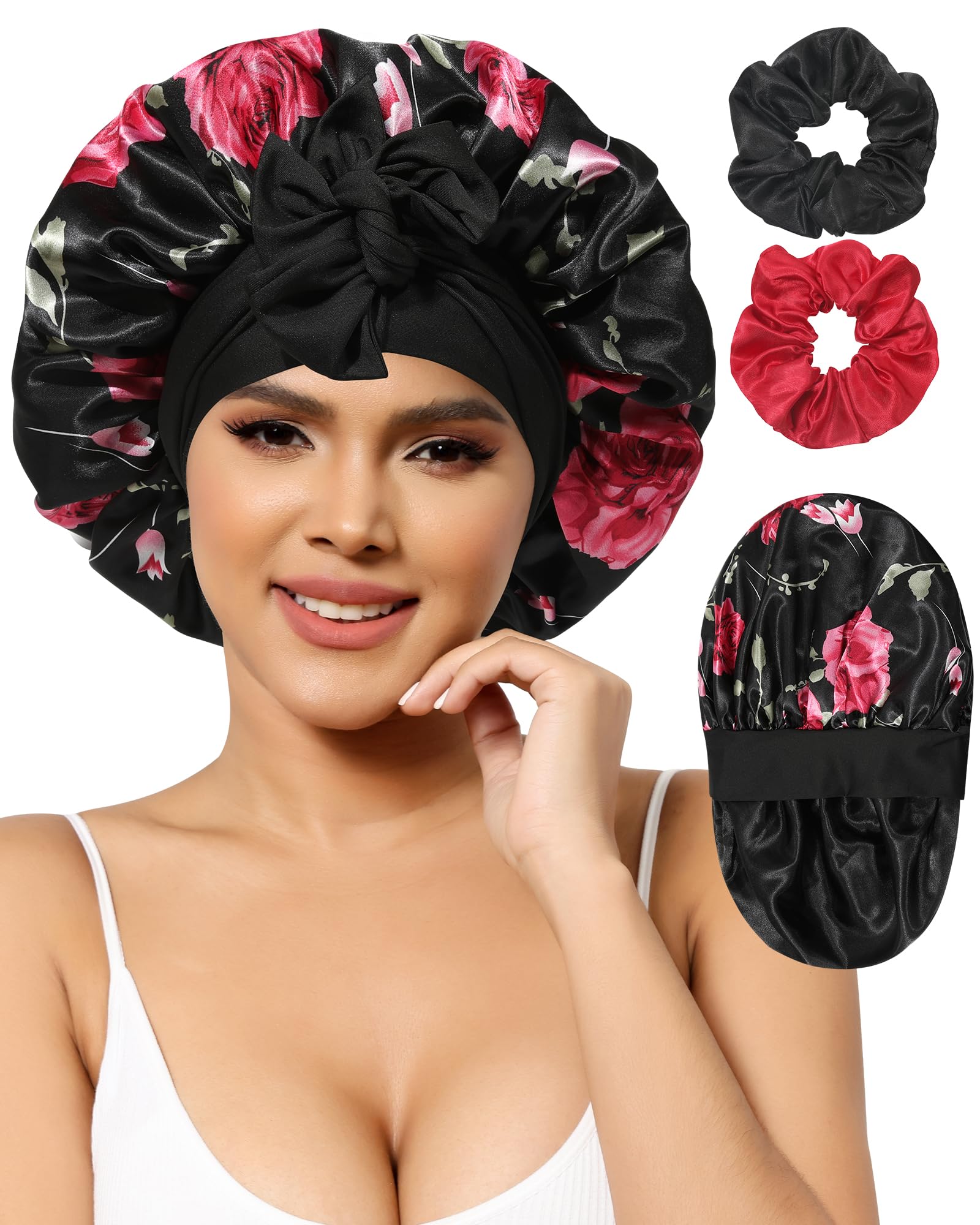 Satin Bonnet Silk Bonnet for Sleeping Women Hair Bonnet for Curly Hair Sleep Cap Reversible Double Layer Bonnet with Tie Band (B