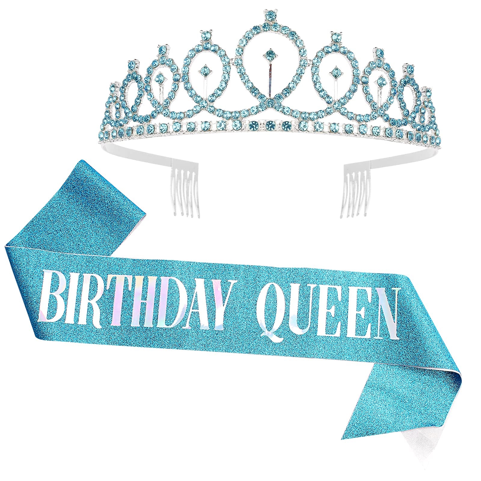 CIEHER Birthday Crown,Birthday Queen Sash & Rhinestone Tiara Kit for Women Girls,Tiaras and Crowns for Women,Blue Queen Crown,Pr