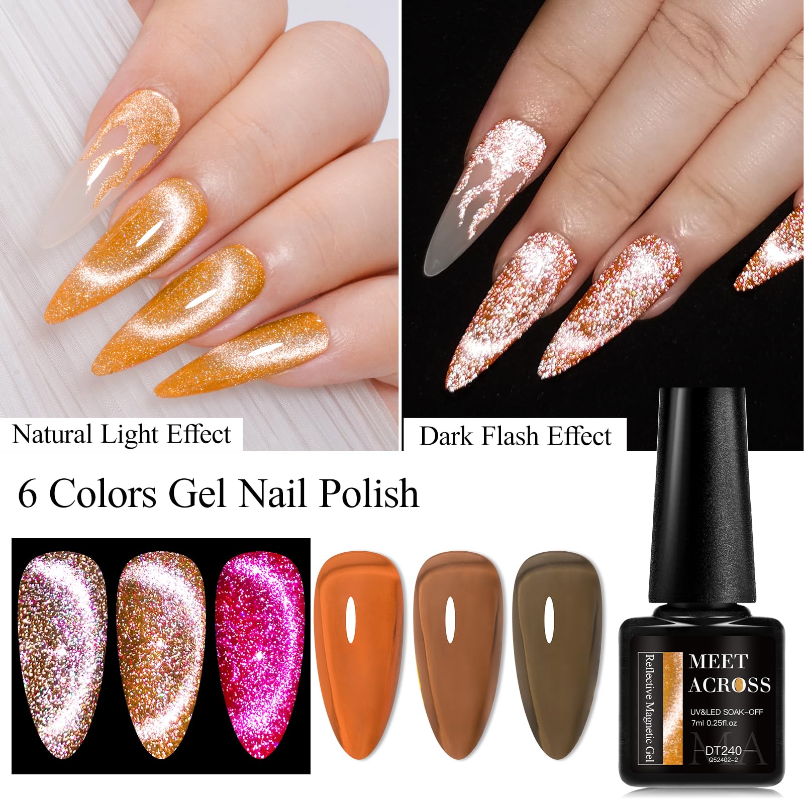 MEET ACROSS Jelly Cat Eye Gel Nail Polish Set Crystal Gel Polish Kit 6PCS Glitter Gel Polish Set Cat Eye Reflective Magnetic Nai