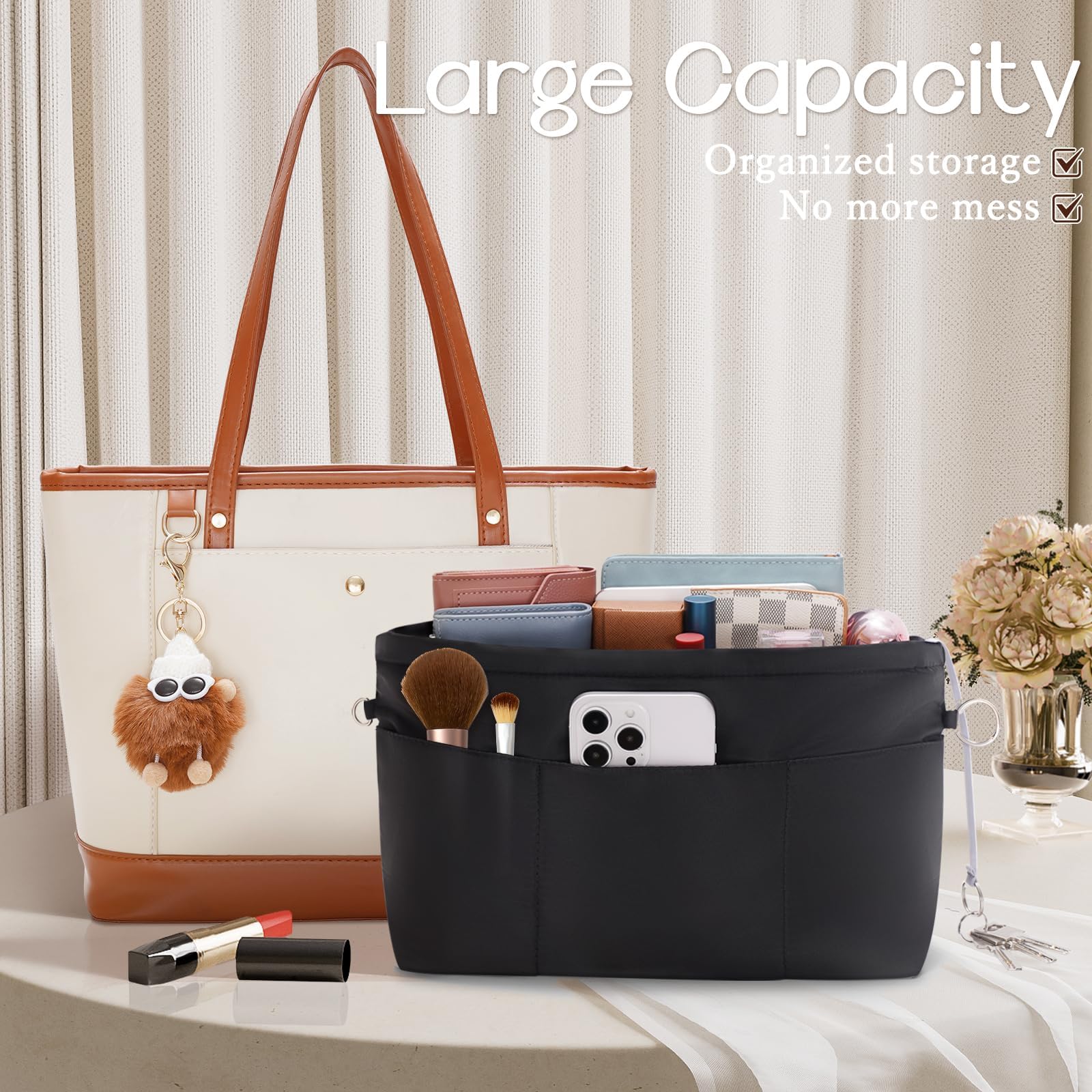 HyFanStr Purse Organizer Insert with Zipped Top for Tote Bag, Handbag Shaper with 13 Pockets, Black S
