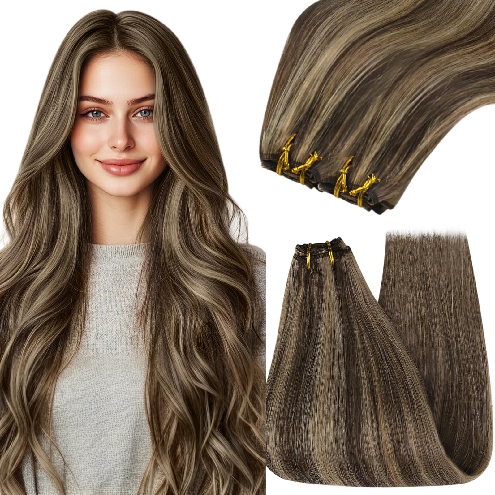 YoungSee Sew in Hair Extensions Real Human Hair Highlights 22Inch 100G Brown Weft Extensions