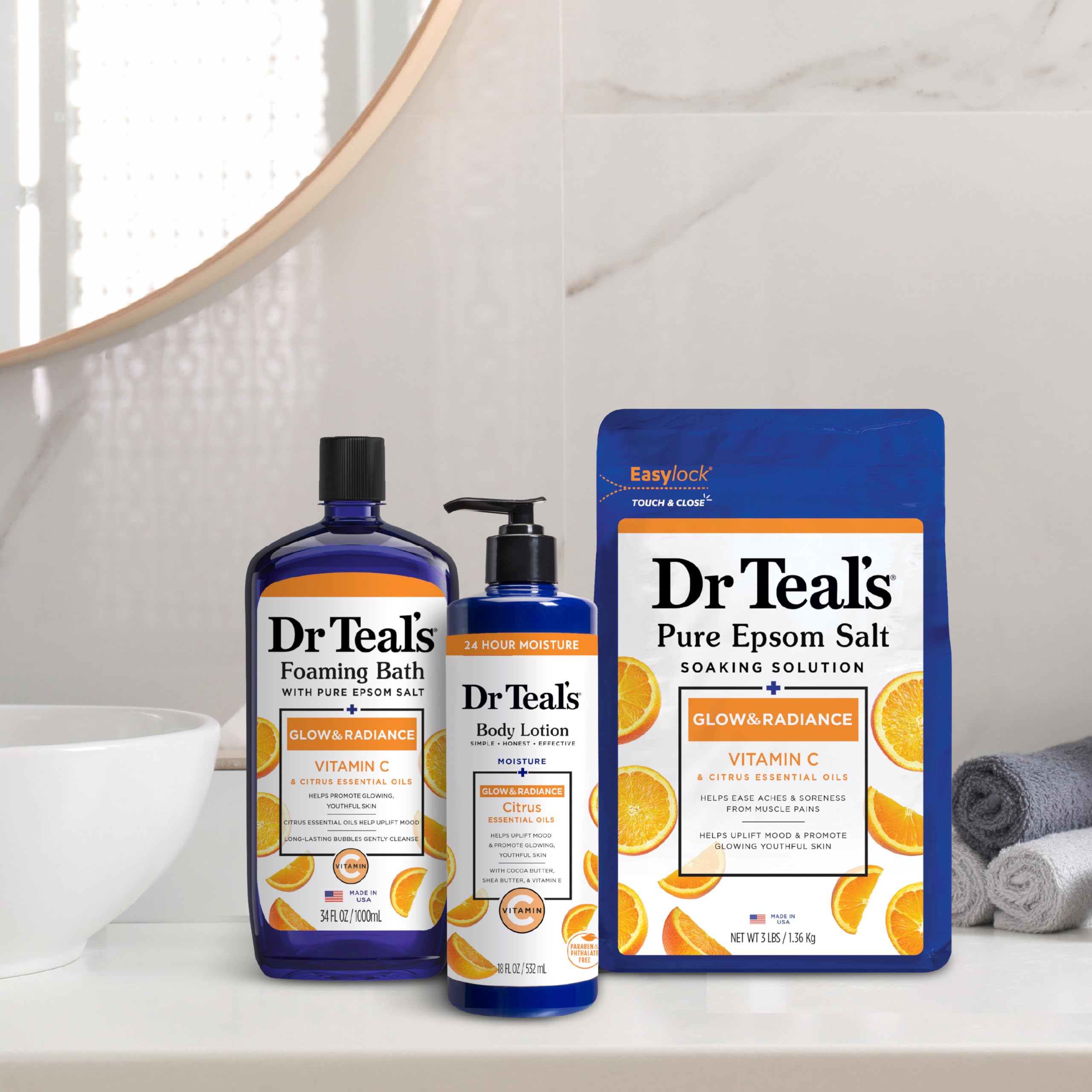 Dr Teal's Pure Epsom Salt Soak, Glow & Radiance with Vitamin C & Citrus Essential Oils, 3 lbs (Pack of 4) (Packaging May Vary)