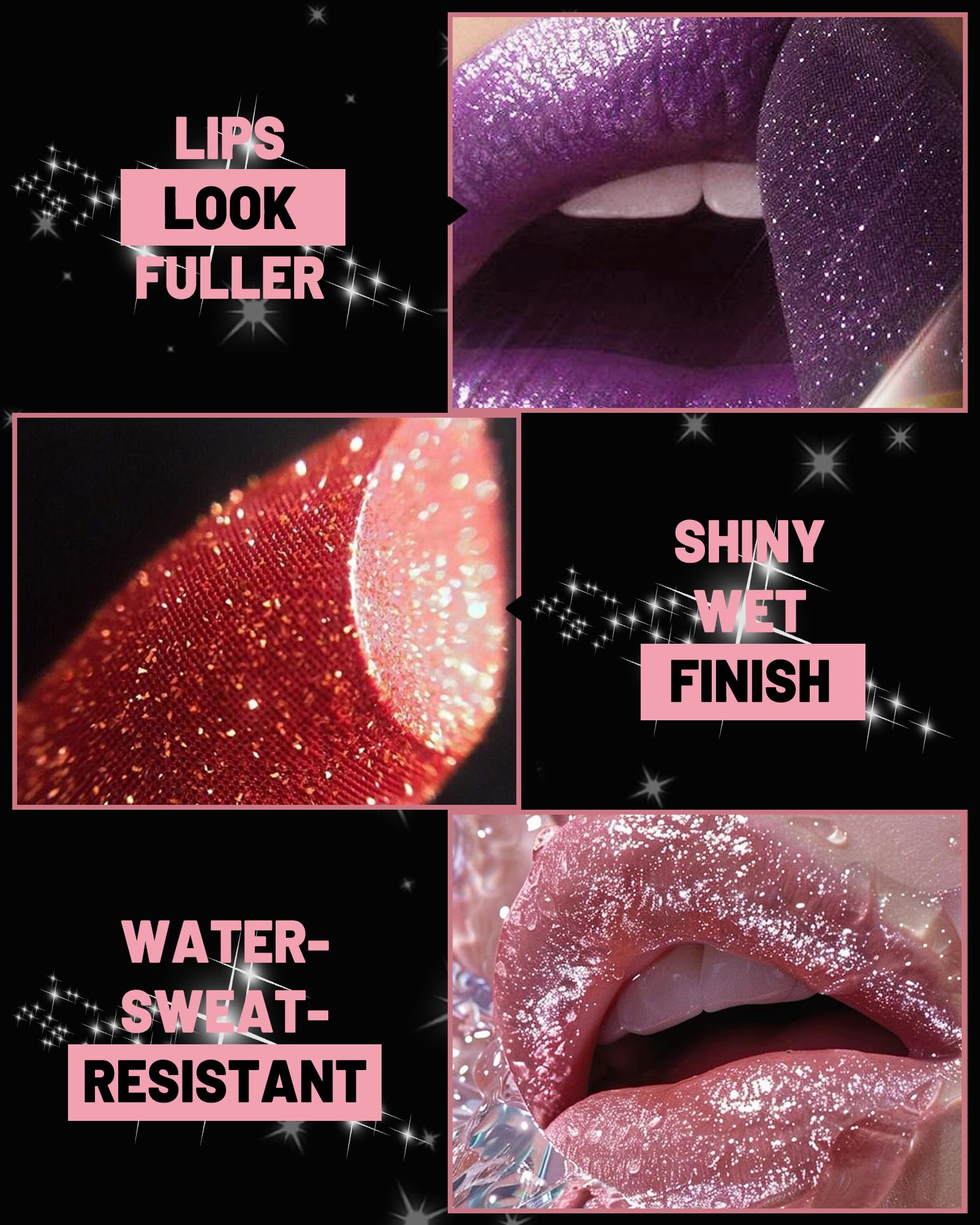 Diamond Glitter Matte Lipstick,Gold Pink Metallic Shimmer Lip Gloss Lip Tint,Longlasting Waterproof Non-Stick Lip Color,Full Cov