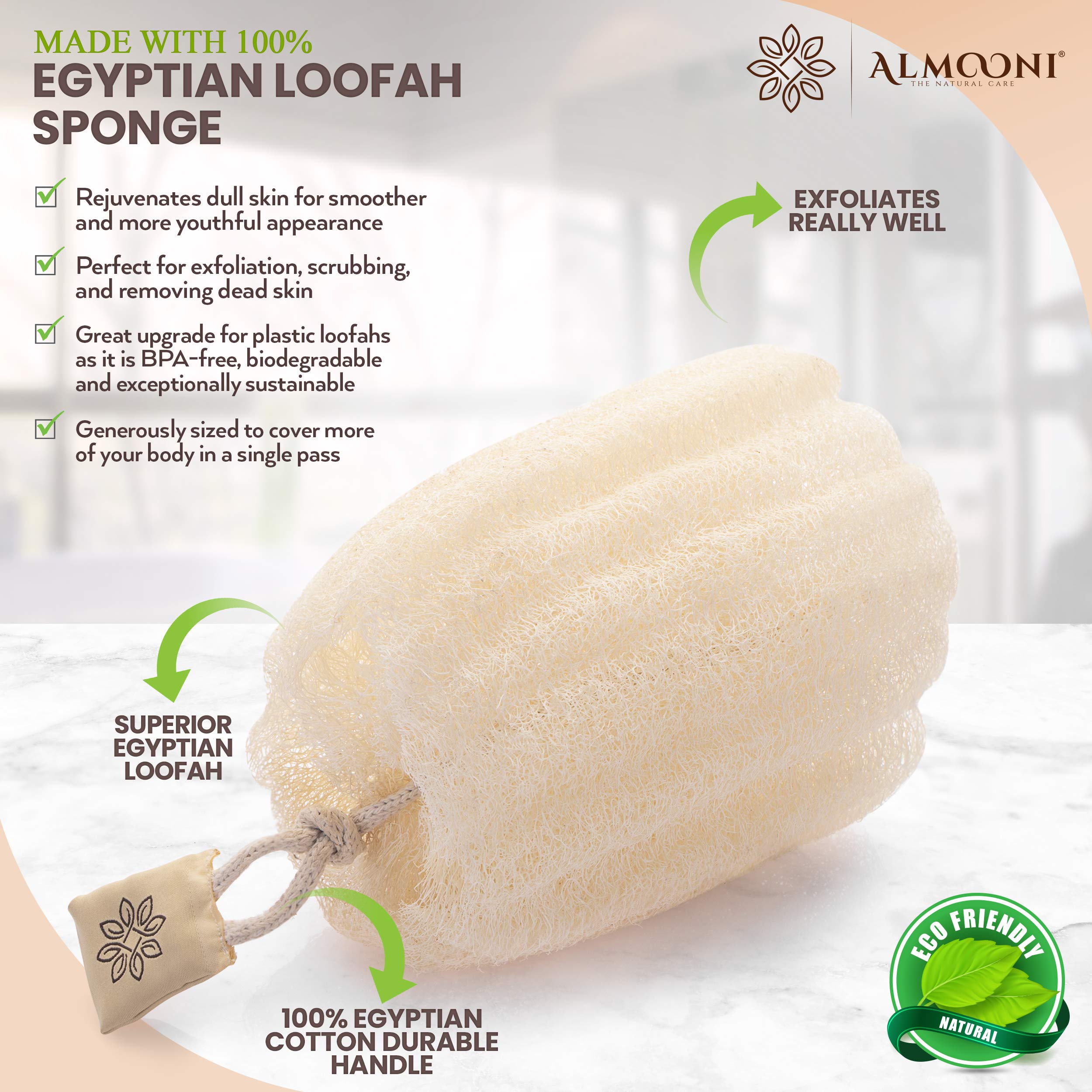 ALMOONI Egyptian Loofah Exfoliating Body Scrubber - Natural Tan Shower Sponge, 3 Count Pack for Men & Women, Perfect for Body & Face Cleaning