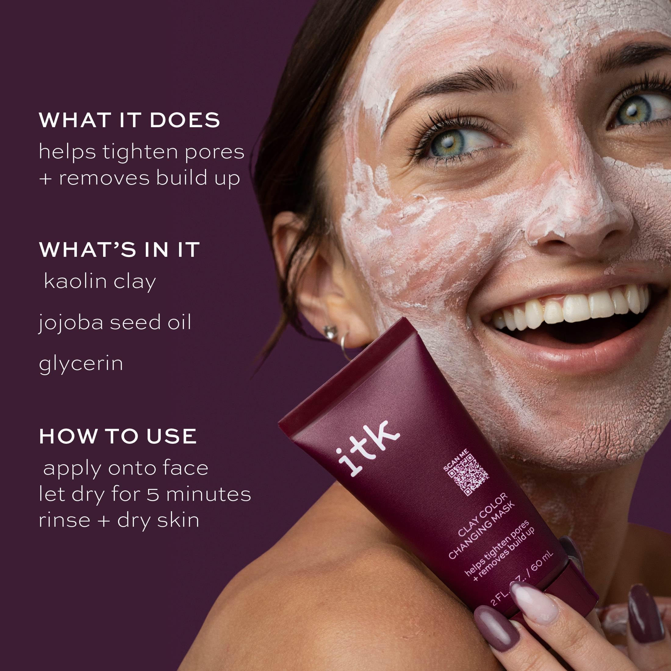 ITK Clay Color Changing Mask with Kaolin Clay - Deep Pore Cleanser + Pore Minimizer - Absorbs Excess Oils + Tightens Skin - Even