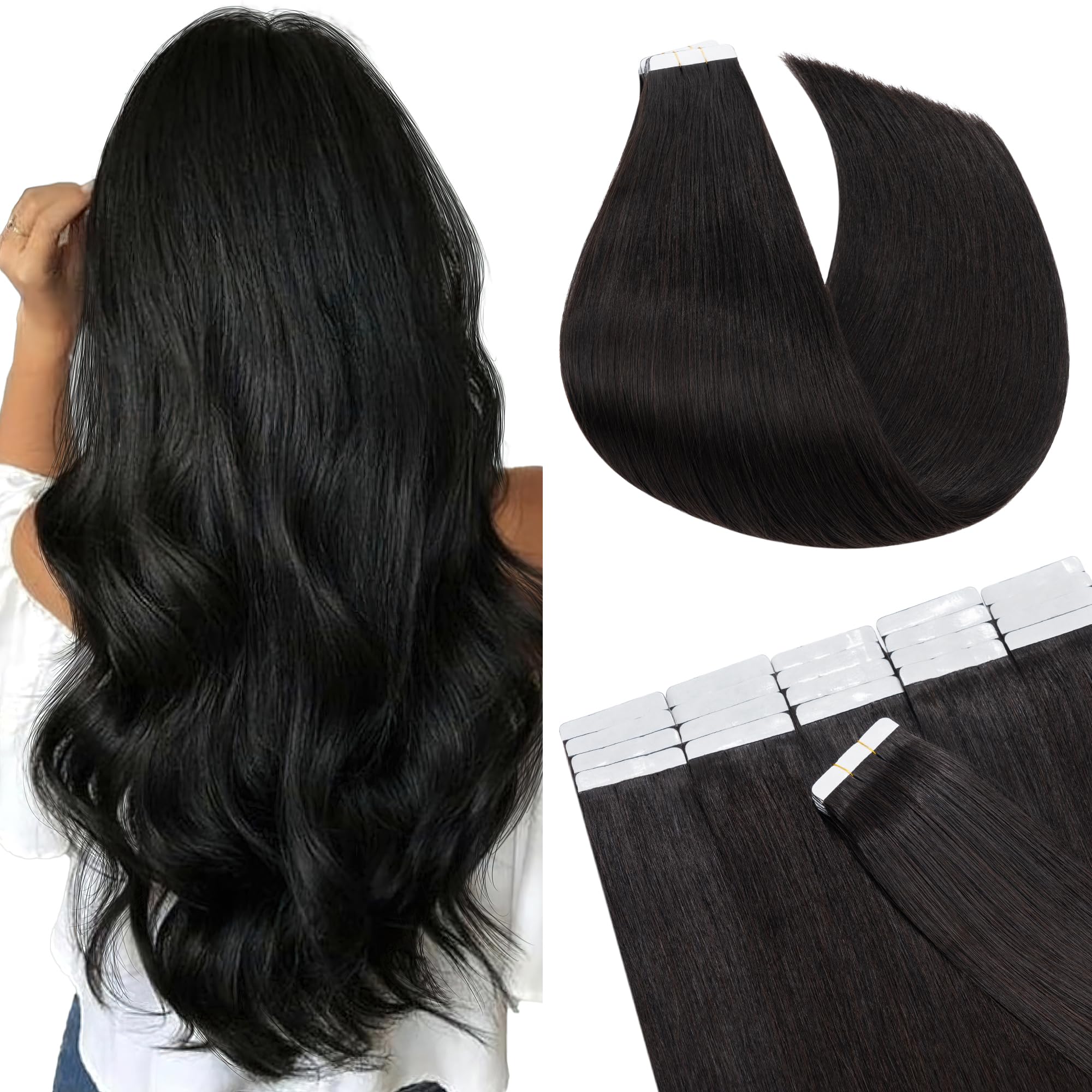 Sego Tape In Hair Extensions Human Hair 22 Inch Natural Black 20Pcs 50G Straight Natural 100% Remy Rooted Seamless Skin Weft Inv