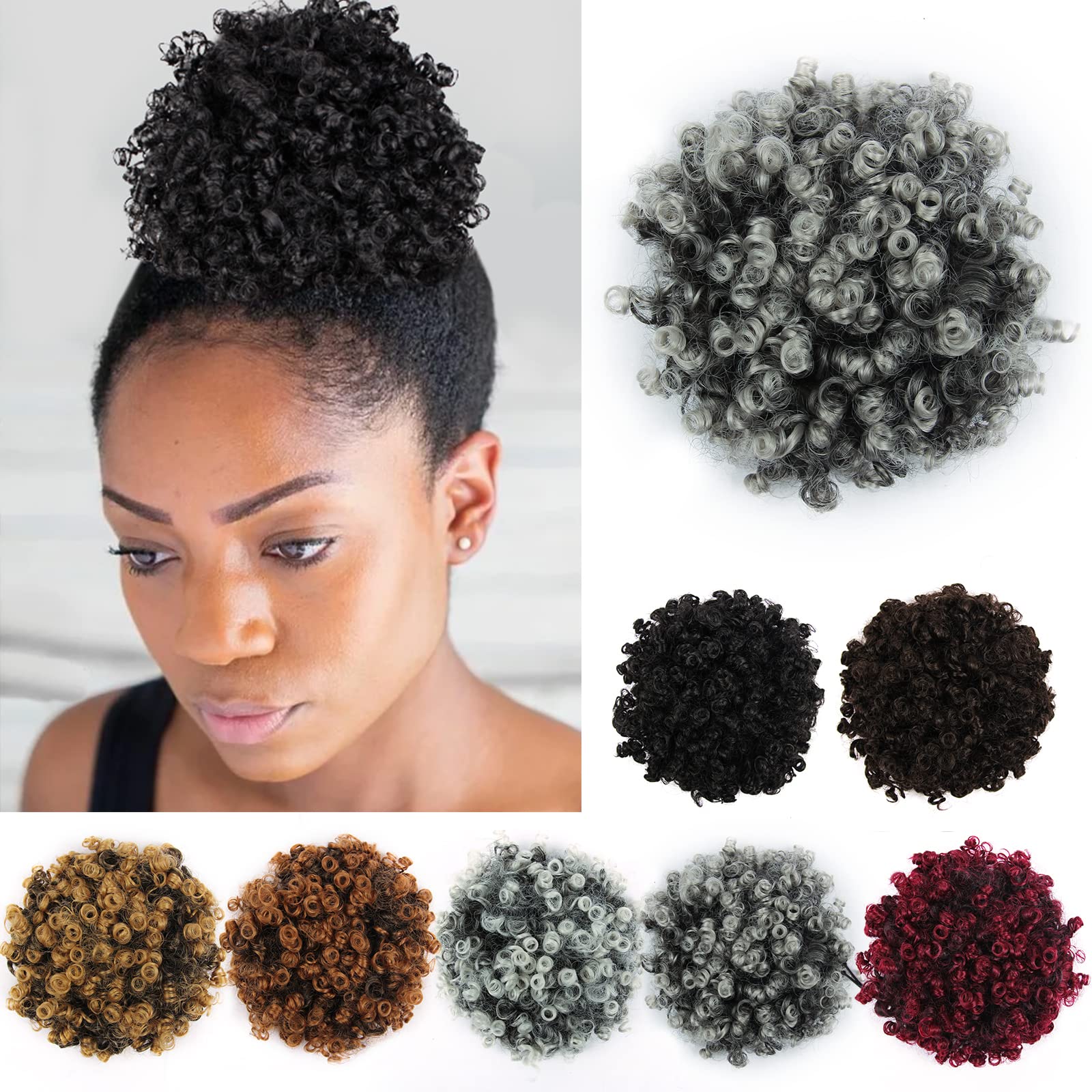 YISIKUNNUO Curly Wavy Afro Puff Drawstring Ponytail Hair Extension for Black Women Loose Wave Short Mini Afro Puff Hairpieces fo