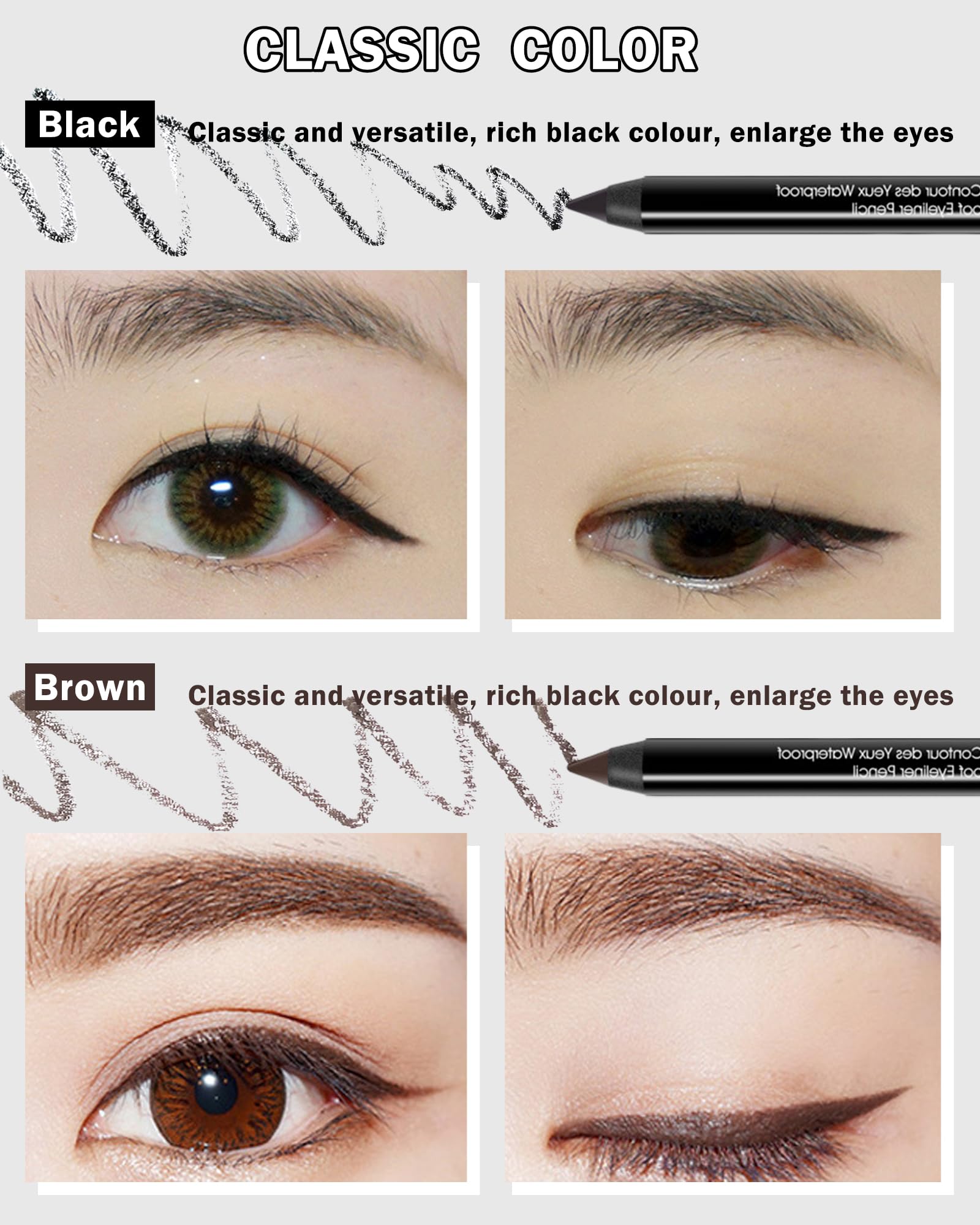Gel Eyeliner Pencil-3Pcs Brown Black Waterproof Smudge-Proof Gel Eyeliner Waterline Pencil,Fade-Proof Eye Liner Pencil Water Lin