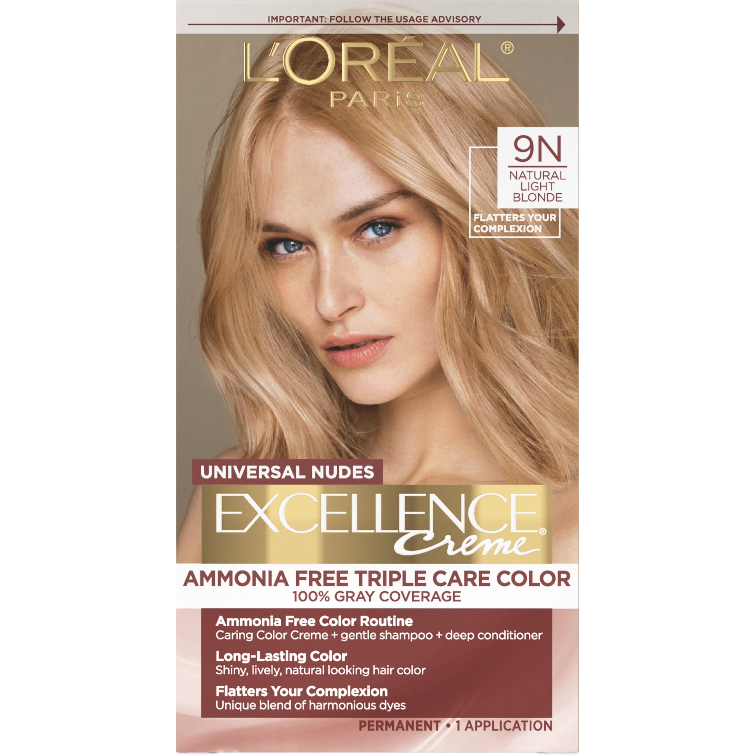 L'Oreal Paris Excellence Universal Nudes Permanent Hair Color, Ammonia Free Hair Dye for Gray Hair Coverage, 9N Natural Light Bl
