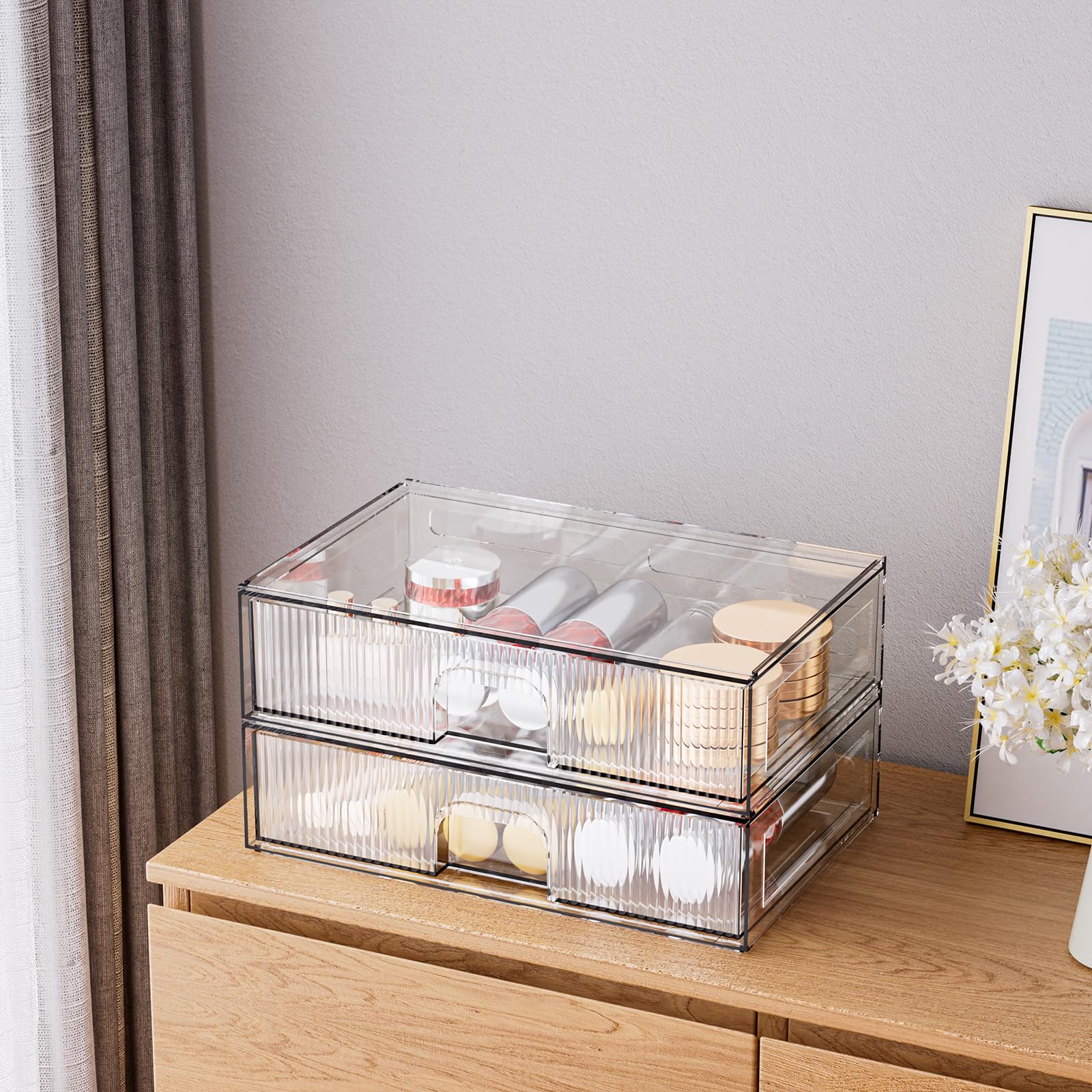 Zhiai Stackable Storage Drawer, 2 Piece Acrylic Organiser For Cosmetics And Beauty Products, Suitable For Dressers, Bathrooms, C