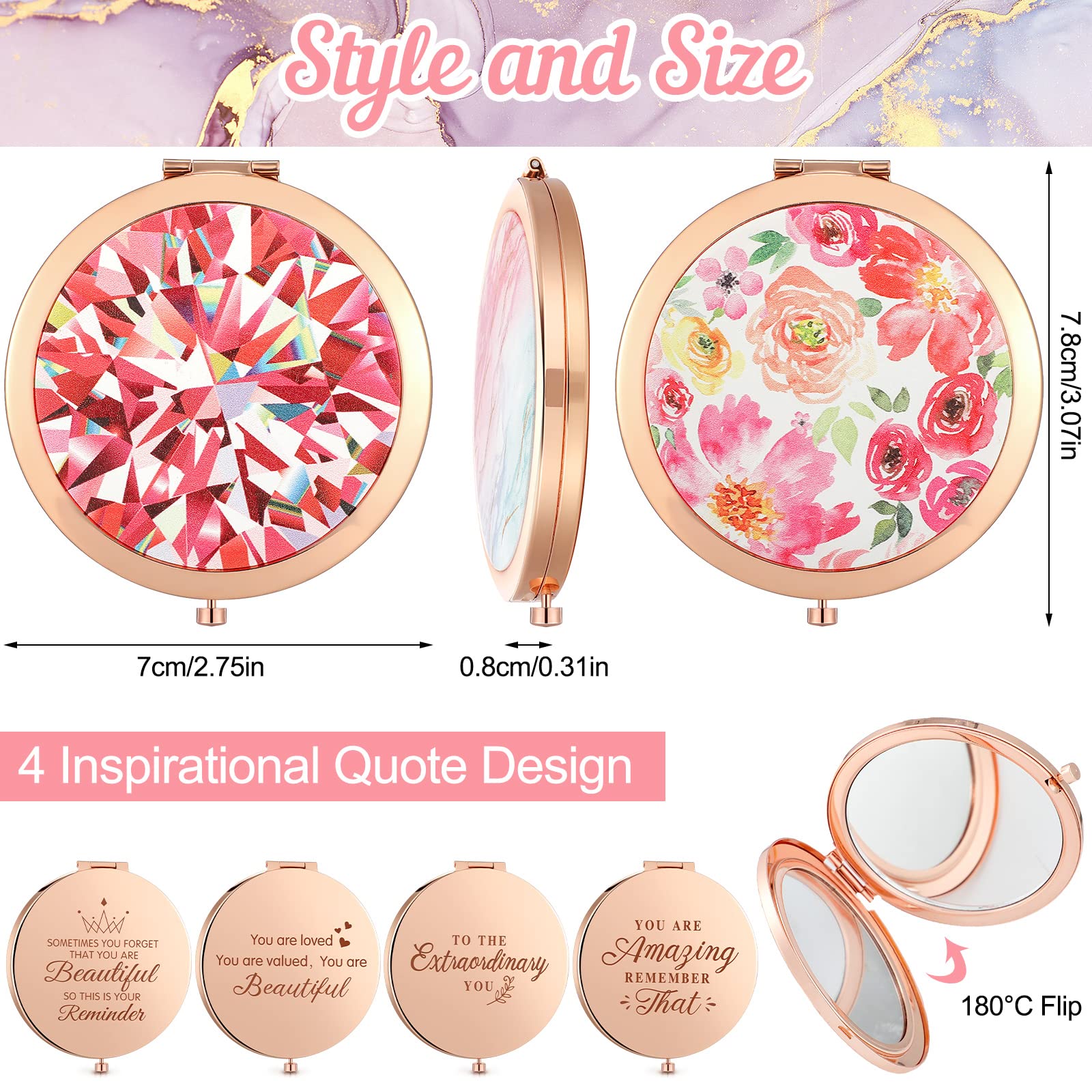 Chunful 4 Pcs Floral Pocket Mirror for Women Bulk Rhinestone Rose Gold Compact Mirror Vintage Engraved Pocket Makeup Double Side