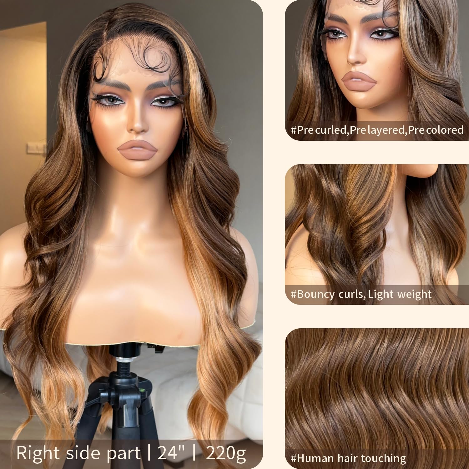 BrownBomb Ombre Lace Front Wig Pre Plucked, Highlight Lace Front Wig Body Wave, Glueless Synthetic Lace Front Wigs, Brown and Bl
