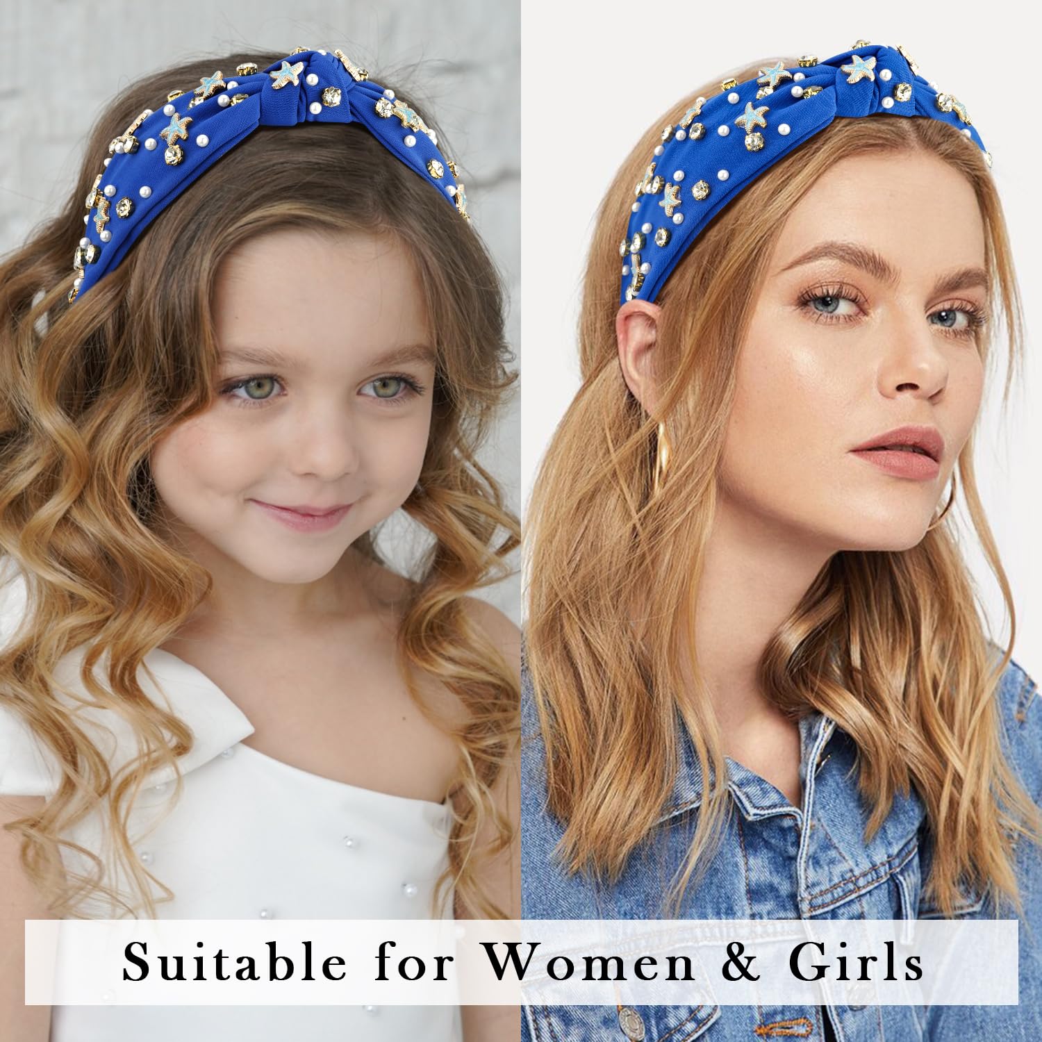Atoden Royal Blue Headband With Pearl, Rhinestone, And Starfish Embellishments For Women'S Hair - Wide Top Knot Headband - Hair