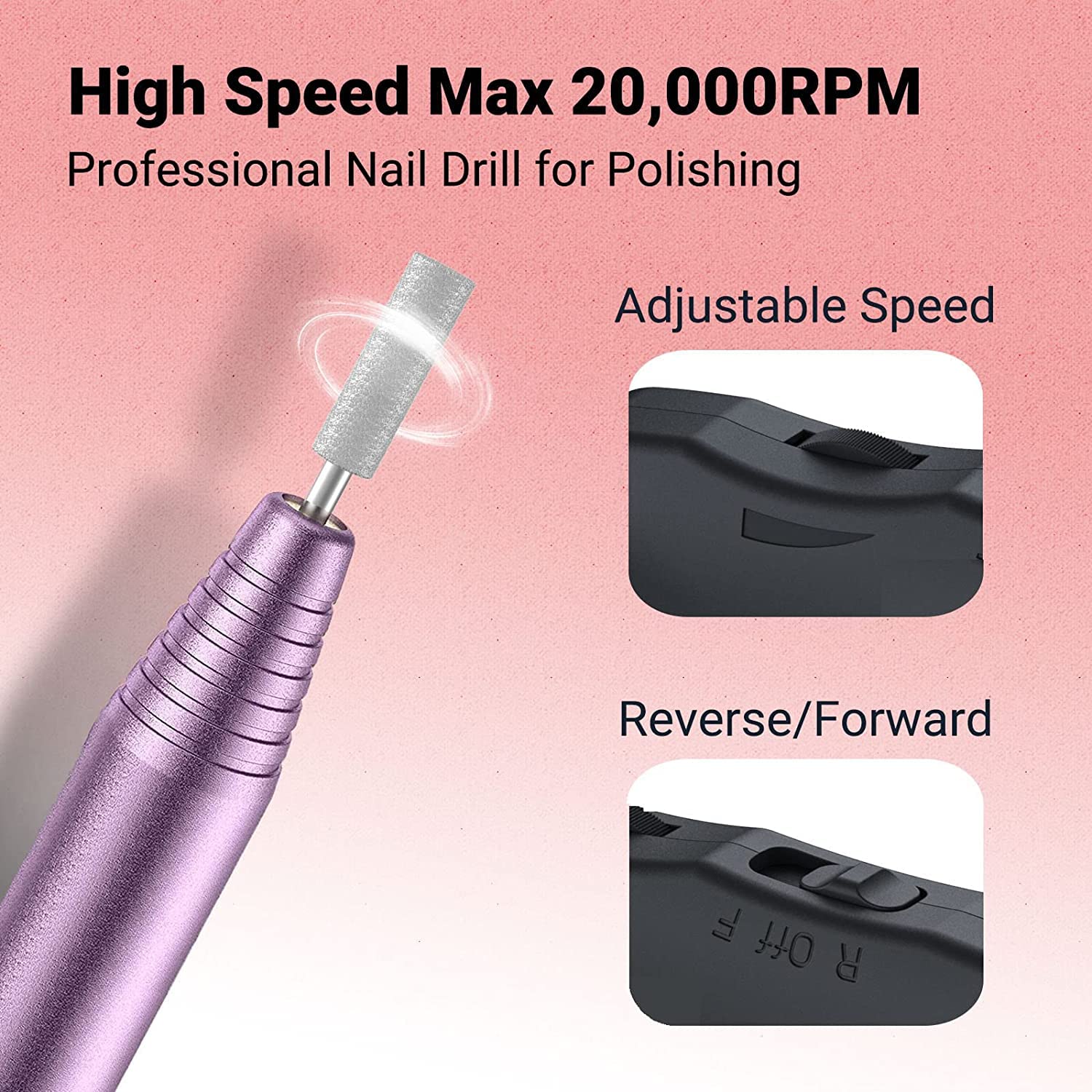 MelodySusie 11-in-1 Electric Nail Drill Kit - Portable Efile Set for Acrylic & Gel Nails, Purple Manicure & Pedicure Tool with Bits & Brush