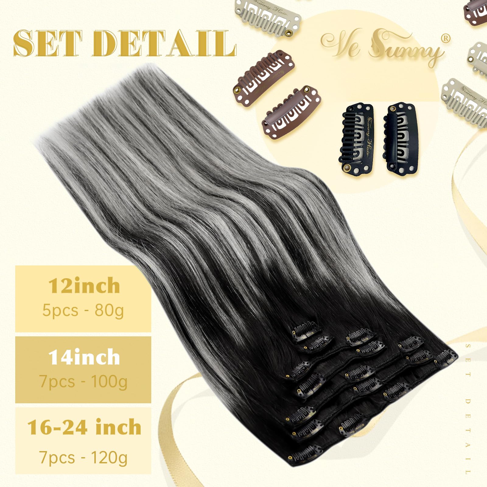 Ve Sunny Human Hair Clip In Extensions Black Ombre Clip In Hair Extensions For Women Balayage Clip Hair Extensions Real Human Ha