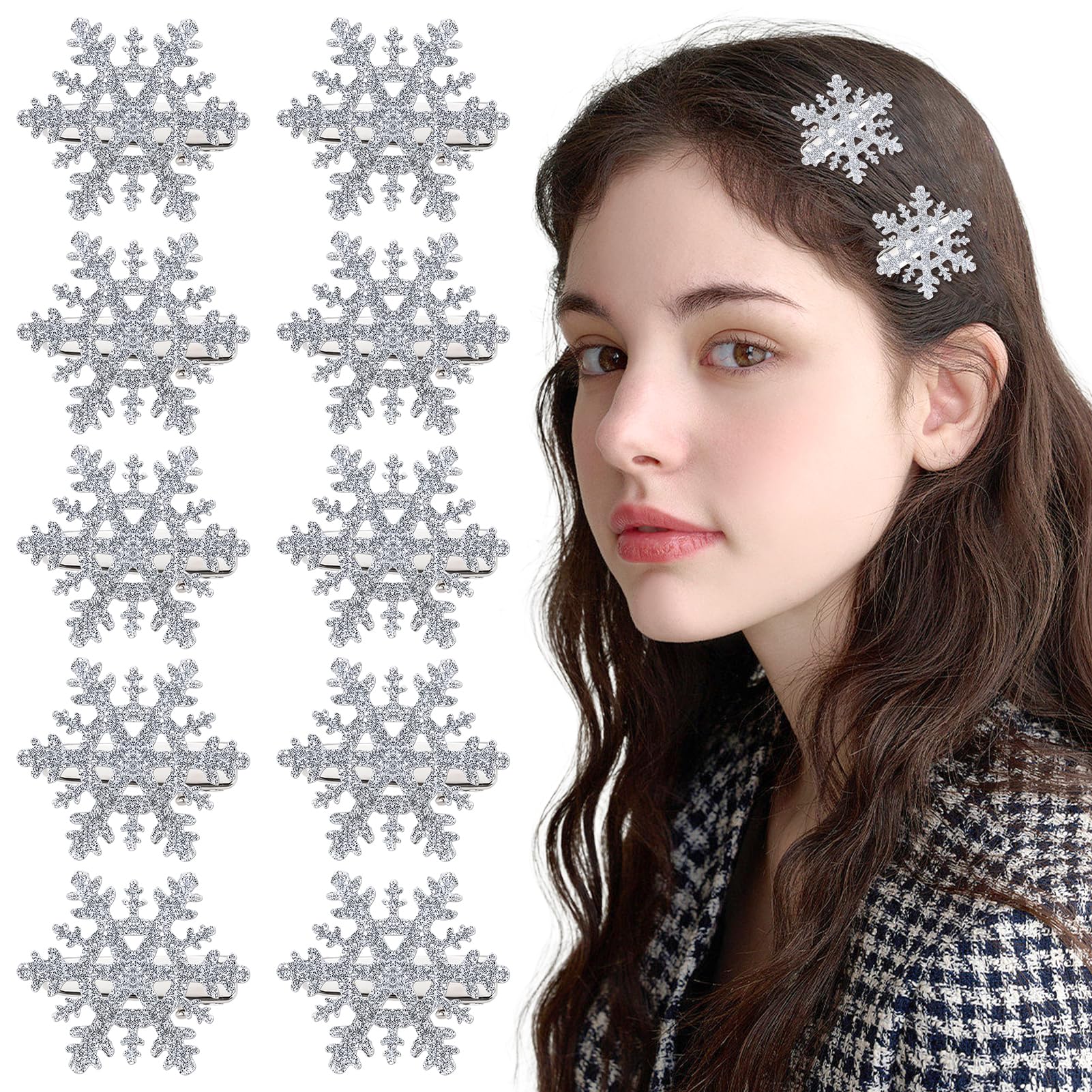 TUCEWP 10Pcs Snowflake Hair Clip for Women Girls Cute Hair Pins Nonslip Sparkly Hair Barrette Snap Small Silver Metal Alligator 