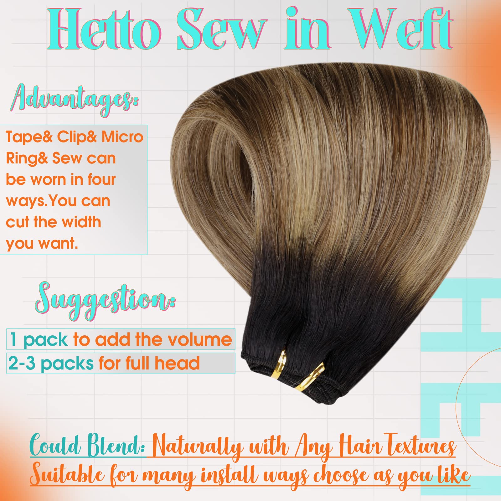 Hetto Ombre Weft Hair Extensions Human Hair Sew in Weft Extensions 18 Inch 100g #1B/6/27 Black to Brown Highlighted Blonde Balay