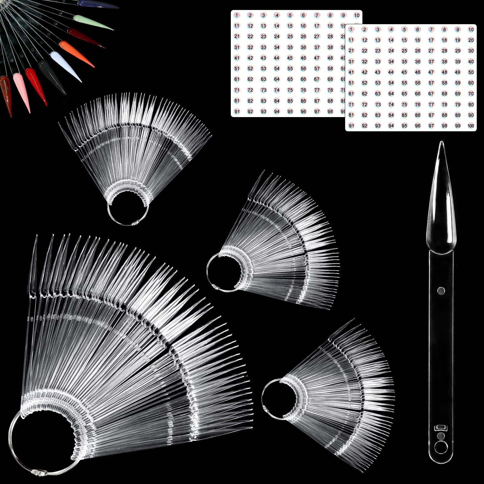 Allstarry 200 Pcs Clear & Natural Nail Swatch Sticks with Ring and Numbered Tips Pointed Shaped Nail Art Polish Display Tips, Fa