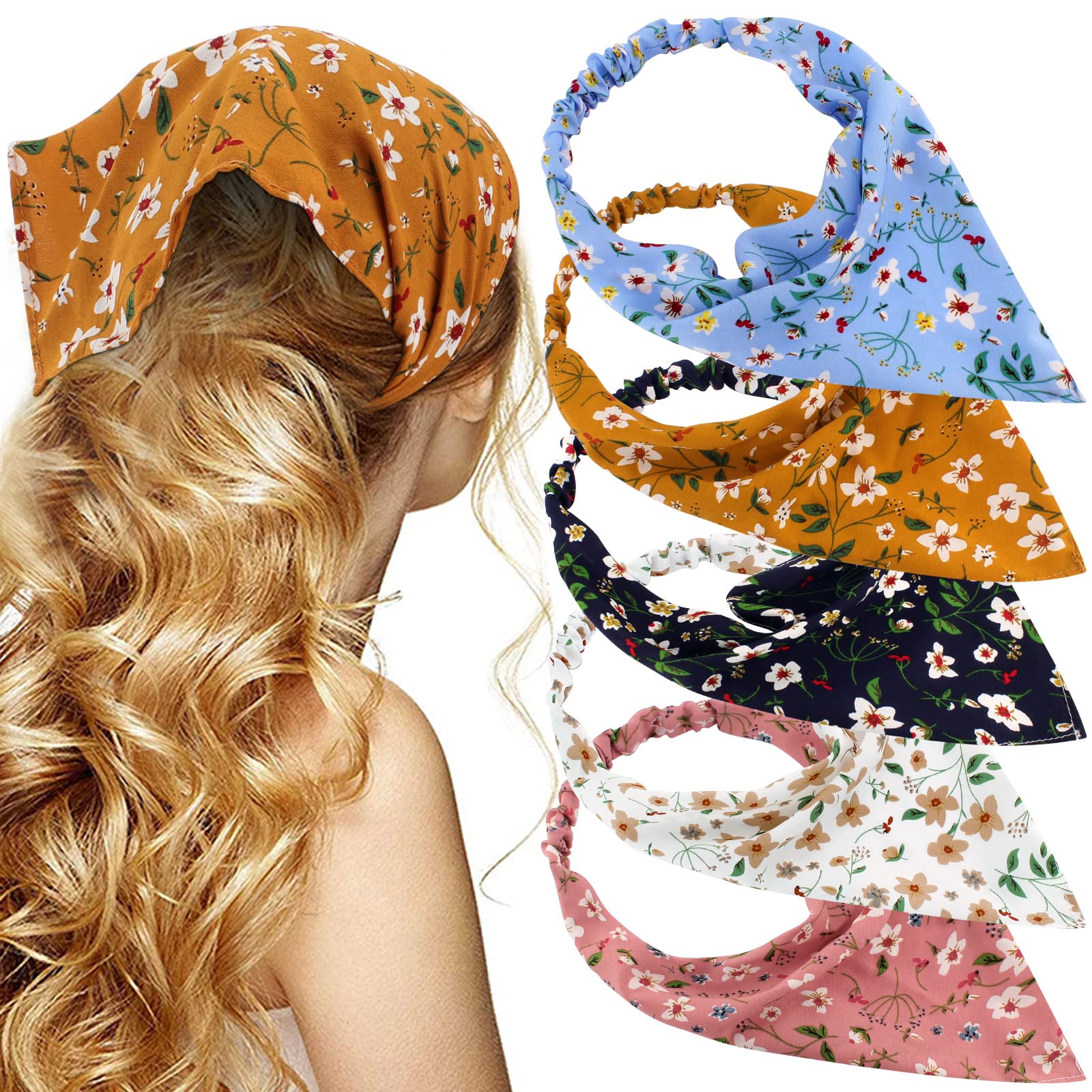 TOBATOBA Floral Hair Scarf Headband 5 Pcs - Chiffon Boho Headbands for Women Elastic Head Bandana Floral Bandana Headbands for W