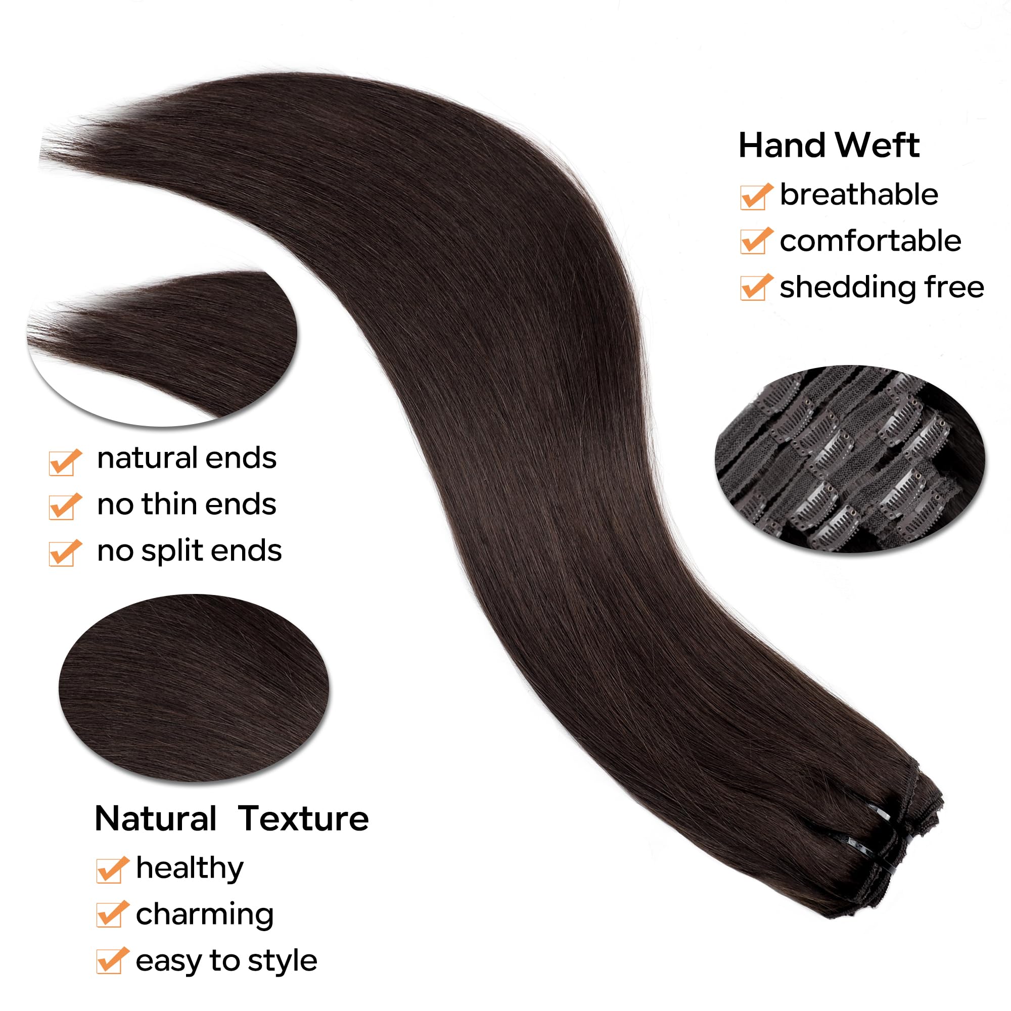 Pobokix Straight Clip In Hair Extensions Real Human Hair 8Pcs Clip In Dark Brown Human Hair Extensions With 18Clips Lace Weft 12
