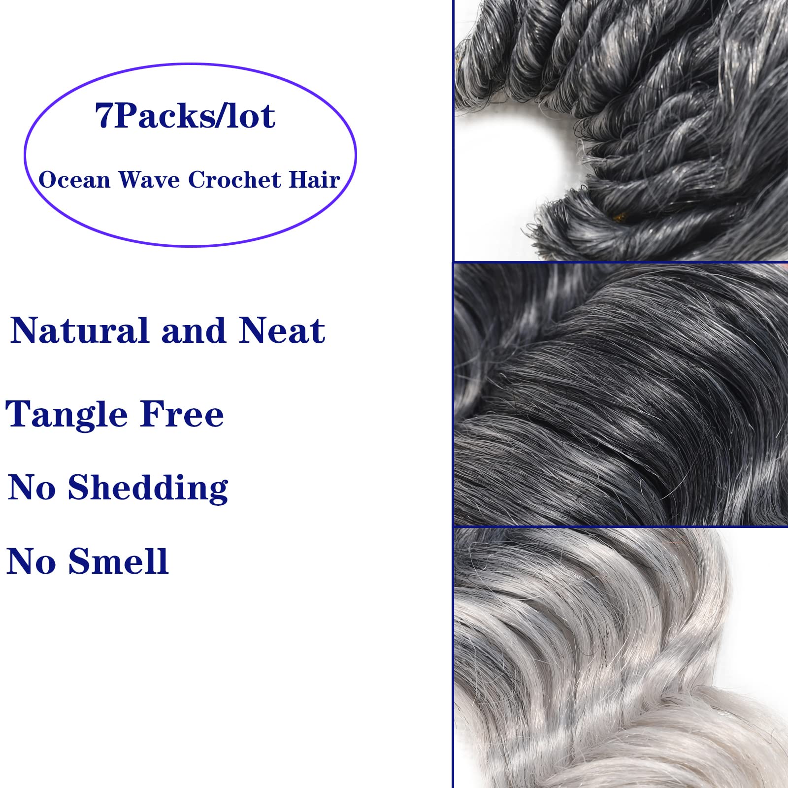 Ocean Wave Crochet Hair Pre Looped 9 Inch Grey Ombre Curly Braiding Ocean Wave Hair 7 Packs Deep Wave Short Wavy Ocean Wave Croc