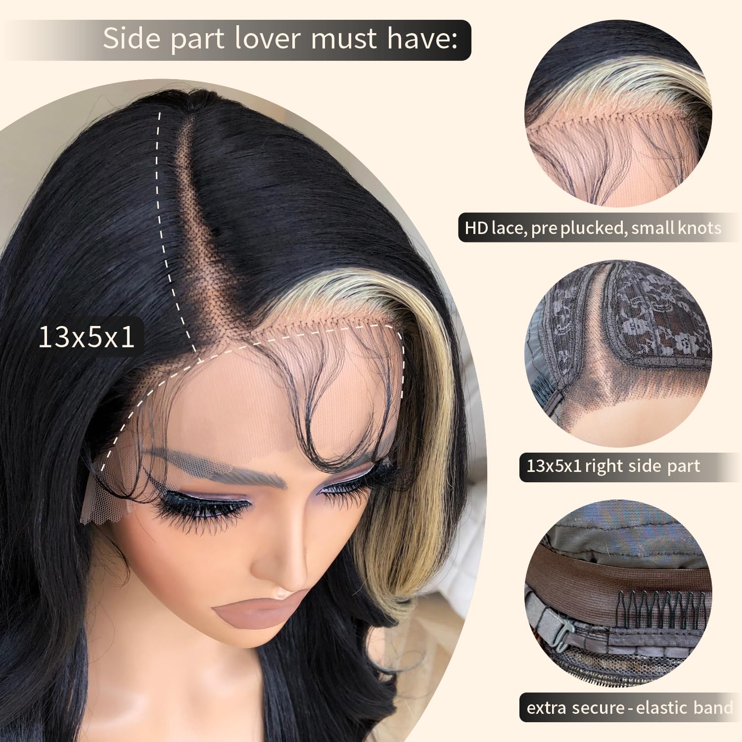BrownBomb Skunk Stripe Wig Lace Front Wig Pre Plucked, Synthetic Lace Front Wigs for Women, Black and Blonde Wig Skunk Stripe La