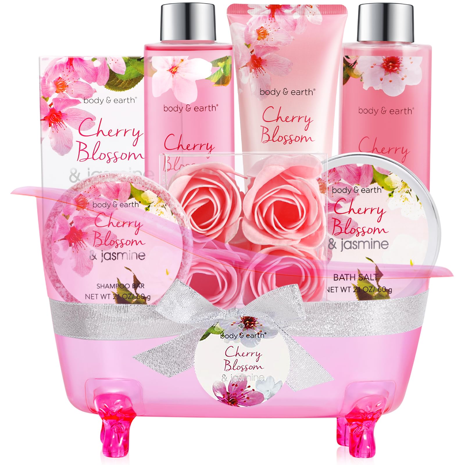 Body & Earth Spa Gifts for Women Self Care Kit  8pcs Cherry Blossom & Jasmine Bath Sets for Women, Birthday, Christmas Gift Bas