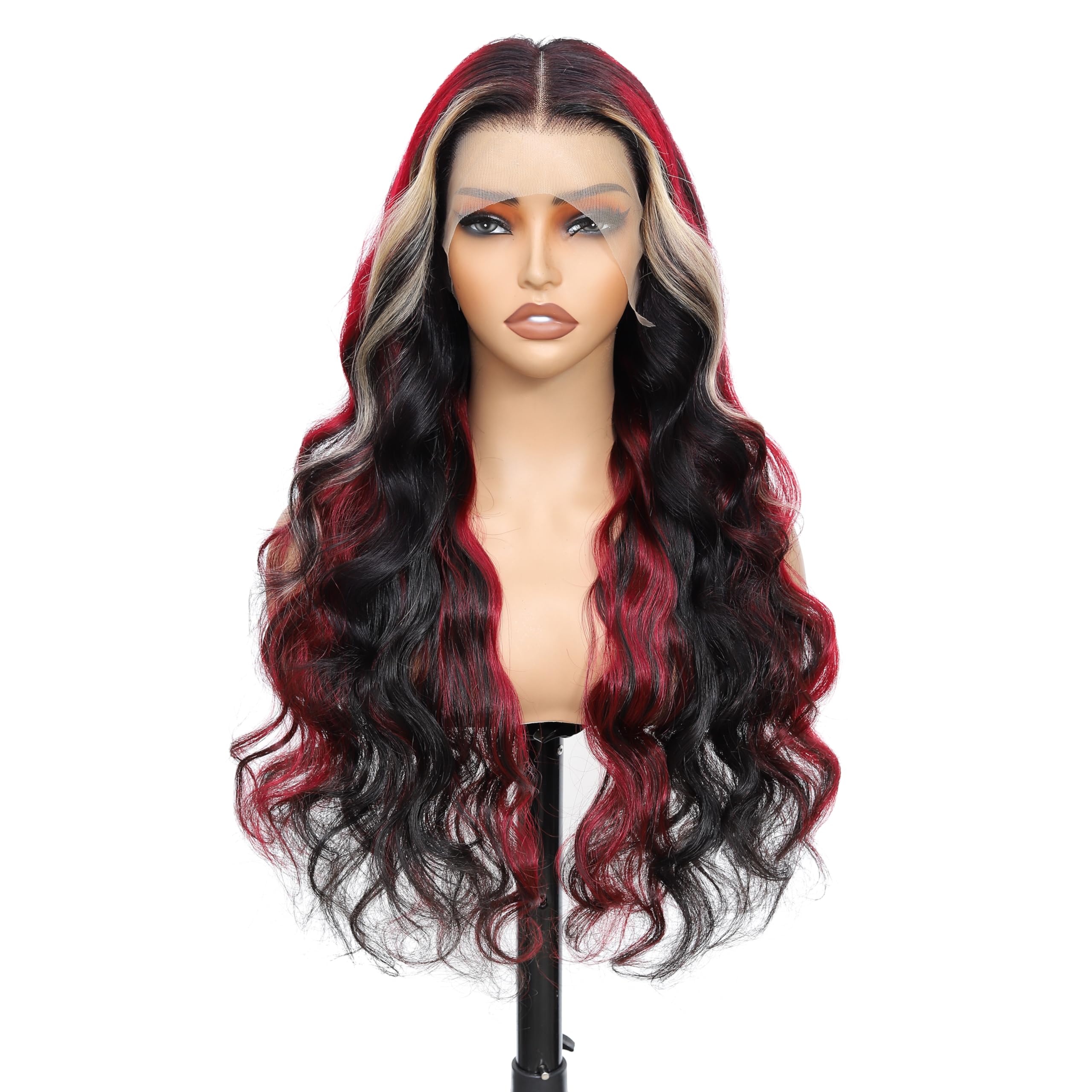 Aolvoblees Skunk Stripe Human Hair Wig Ombre 250% Density 13X4 Body Wave 1B/27/99J Highlight Burgundy HD Lace Front Frontal Glue