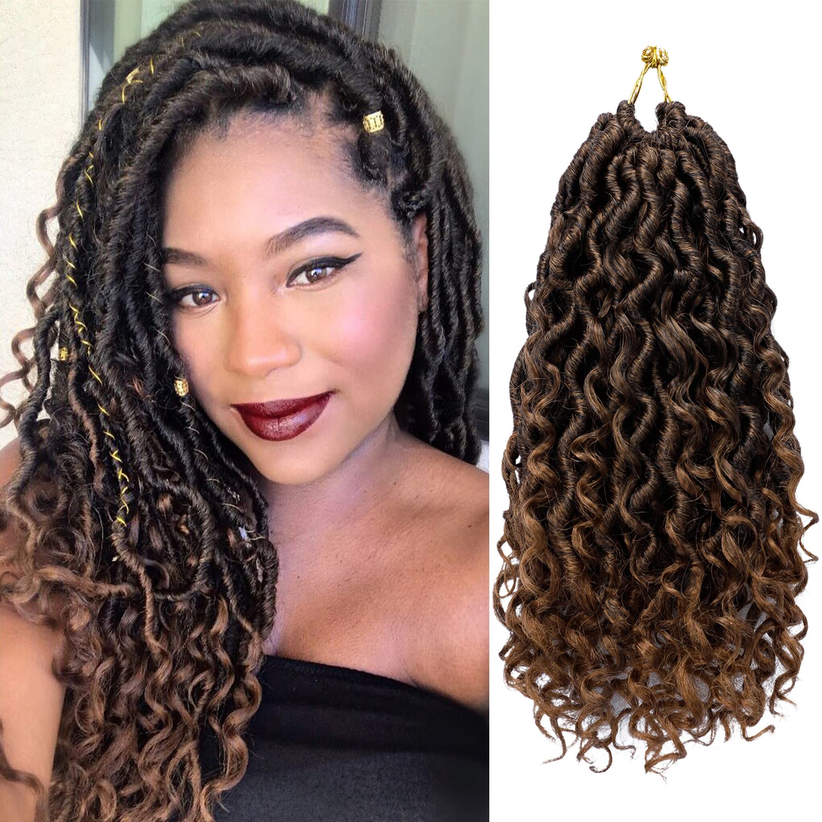 Goddess Locs Crochet Hair 10 Inch 7 Packs Ombre Brown Boho Faux Locs Crochet Hair for Black Women Pre Looped Crochet Locs with C