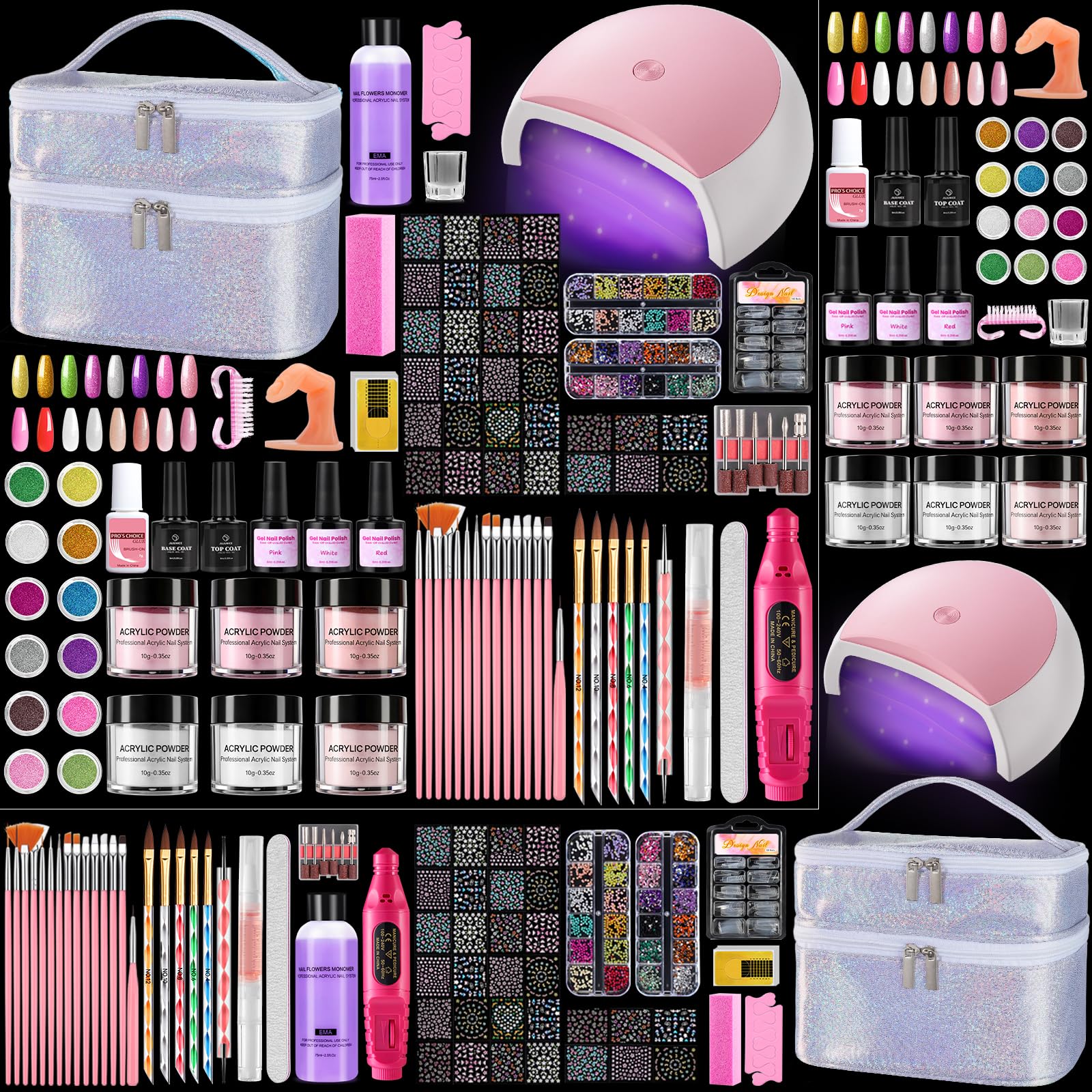 Nail Kit for Beginners with Everything: Professional Acrylic Powder Liquid Set with Drill U V Light Practice Finger in Cosmetic 