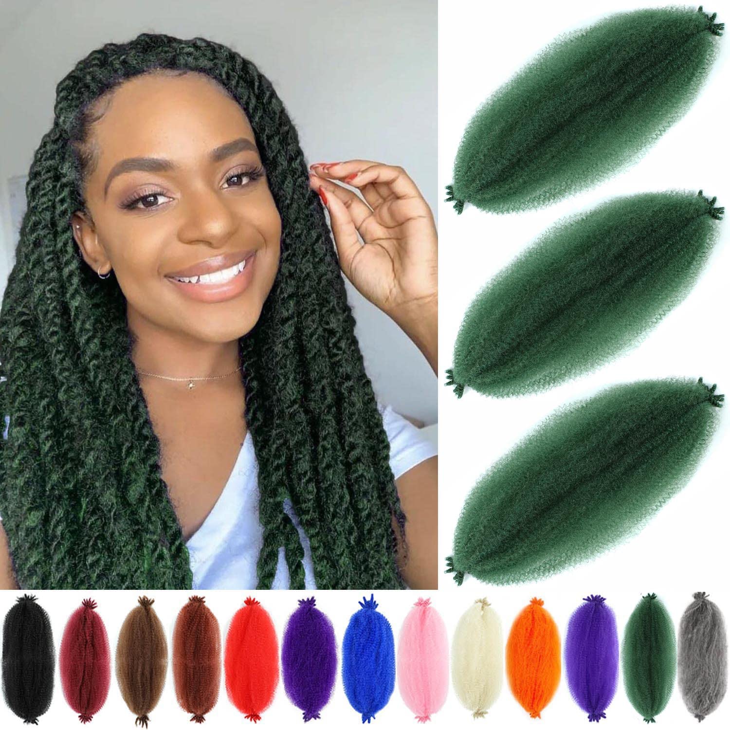 Green Afro Twist Hair 16 Inch 3 Packs Pre-Separated Dark Green Springy Afro Twist Hair for Soft Distressed Locs (16 Inch (Pack o