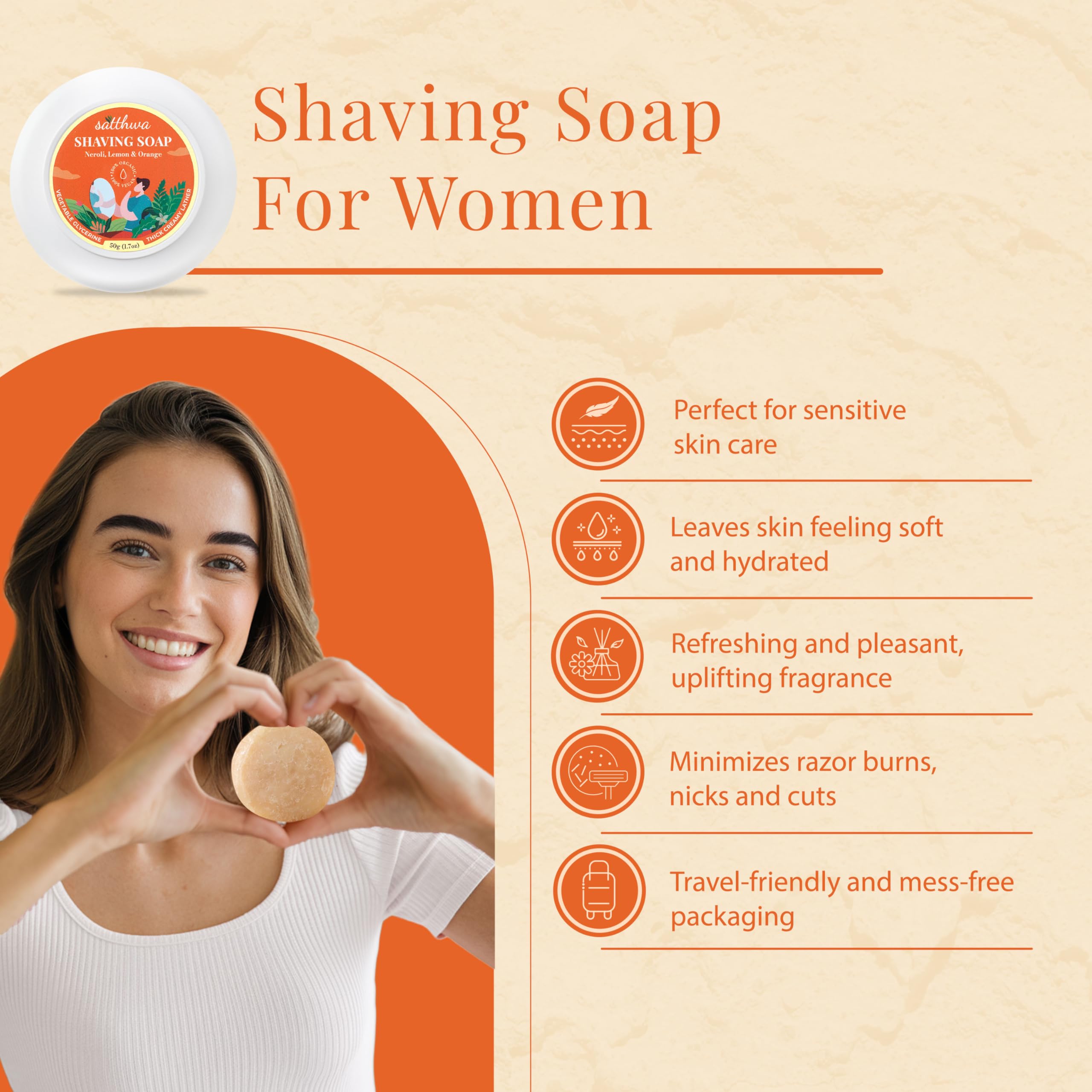Satthwa Organic Shaving Soap Puck infused with Neroli, Lemon & Orange | Create the Perfect Lather | Excellent for Silky Smooth S