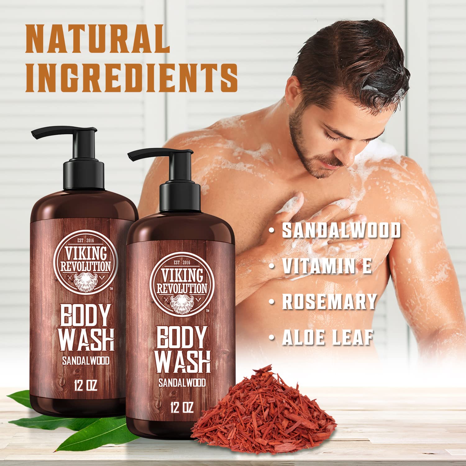 Viking Revolution Men'S Body Wash - Sandalwood, Skin Cleaning Agent - Mens Natural Body Wash With Vitamin E And Rosemary Oil - S