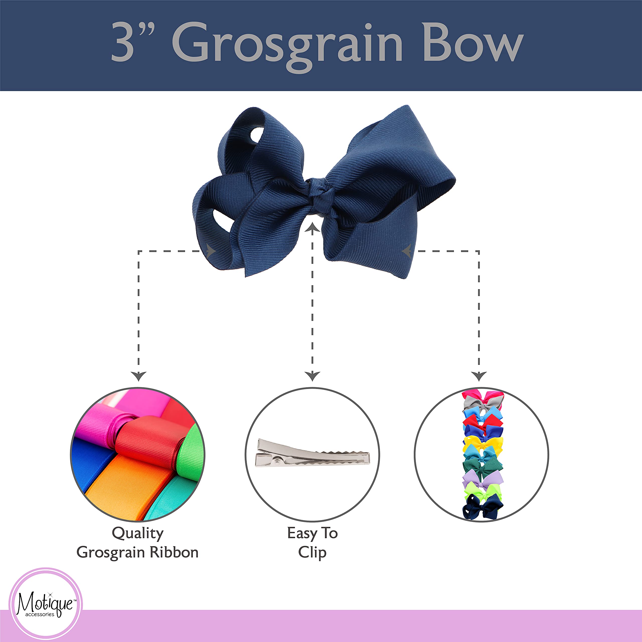 3 Inch Grosgrain Bow for Little Girls- Set of 2 (Navy)