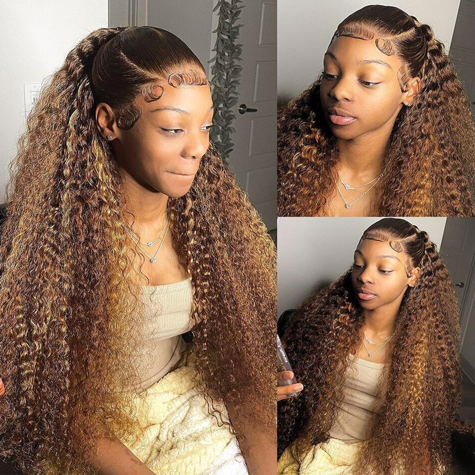 13x6 Highlight Lace Front Wigs Human Hair 180 Density Curly Ombre Honey Blonde 4/27 HD Transparent Lace Front Wig for Women Deep