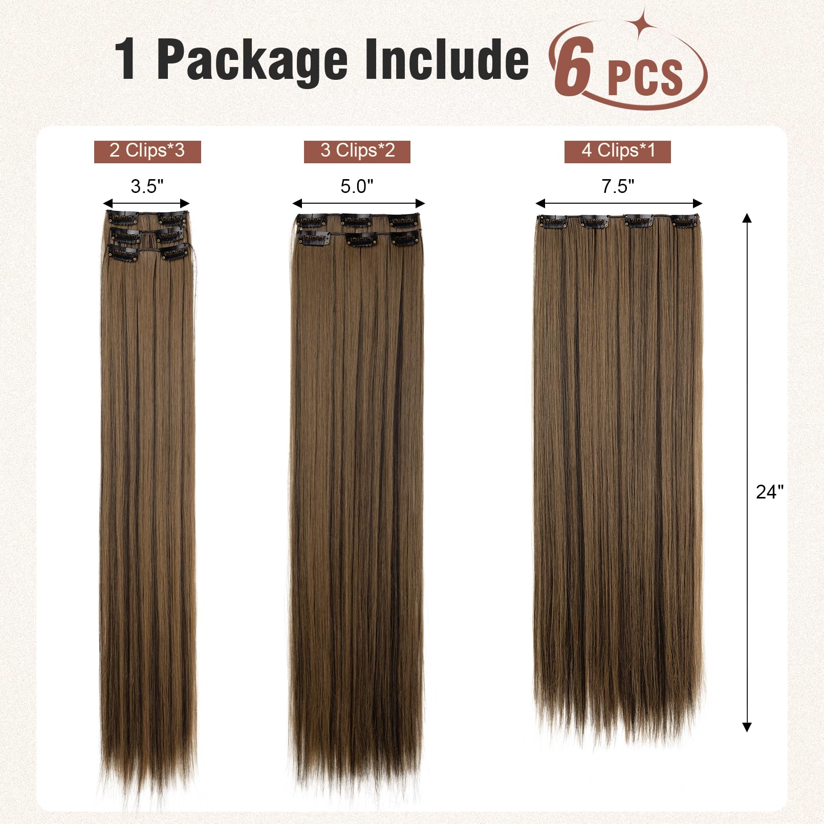 Flufymooz 6Pc Clip In Hair Extensions 24'' Straight Long Extensions For Women Synthetic Hairpiece (Black Brown With Highlights)