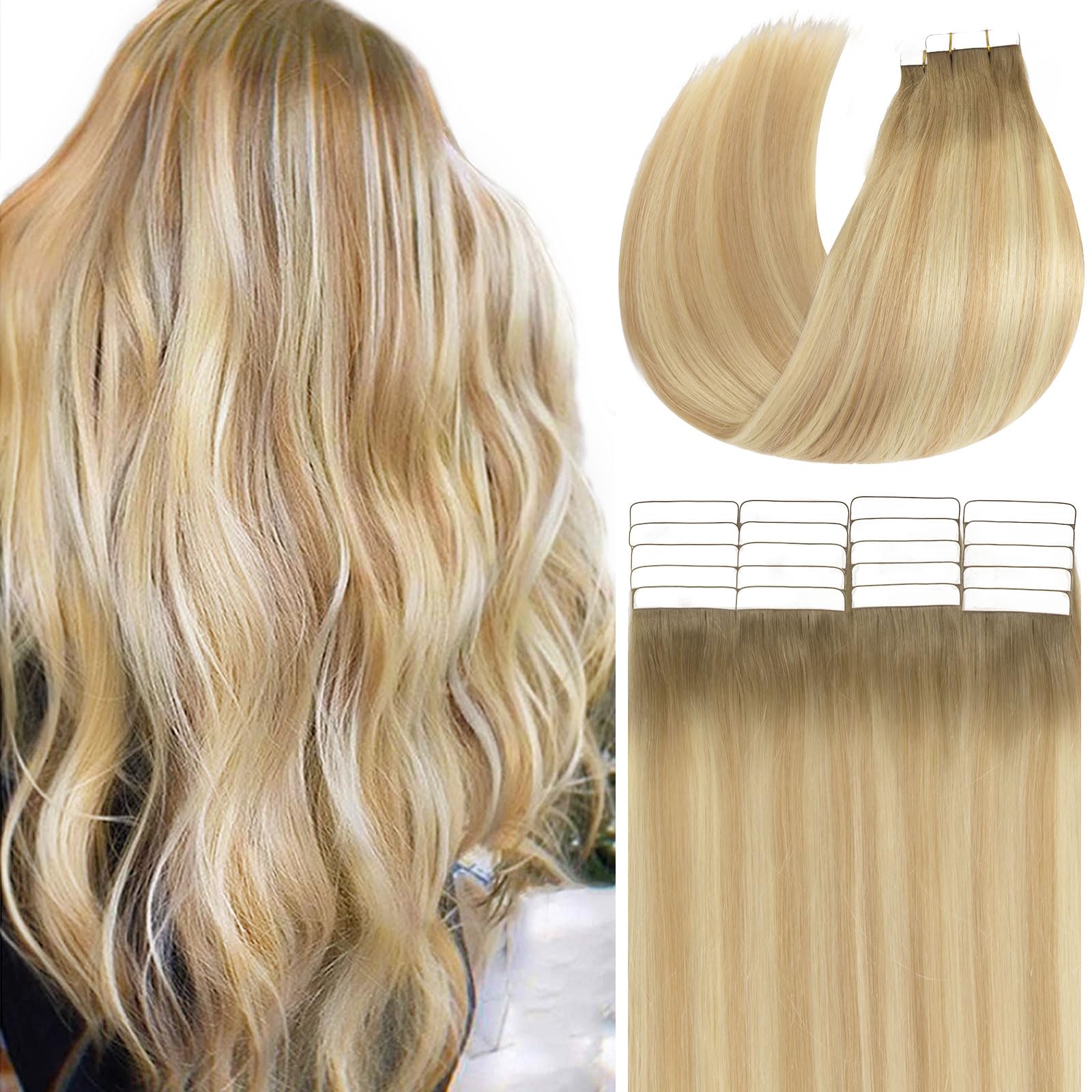 Loxxy Human Hair Tape In Hair Extensions Double Sided Seamless Tape In Natural Hair Extensions Ombre Color Light Golden Brown/Pl