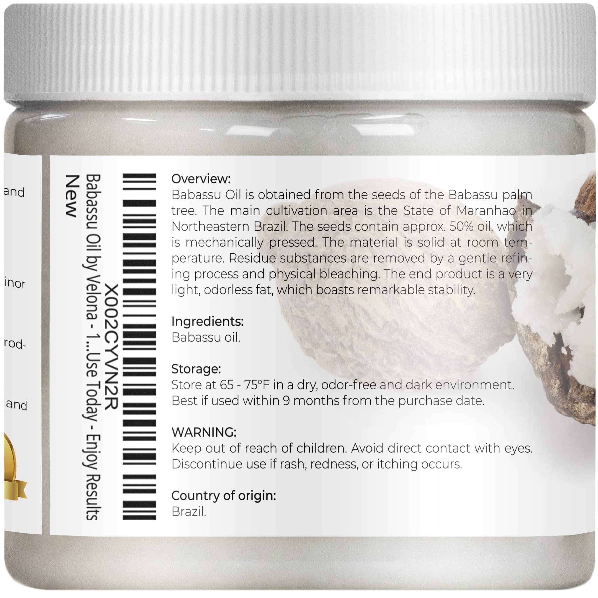 Velona Babassu Oil Usda Certified Organic - 16 Oz | 100% Pure And Natural Carrier Oil | Refined, Cold Pressed | Face, Hair, Body