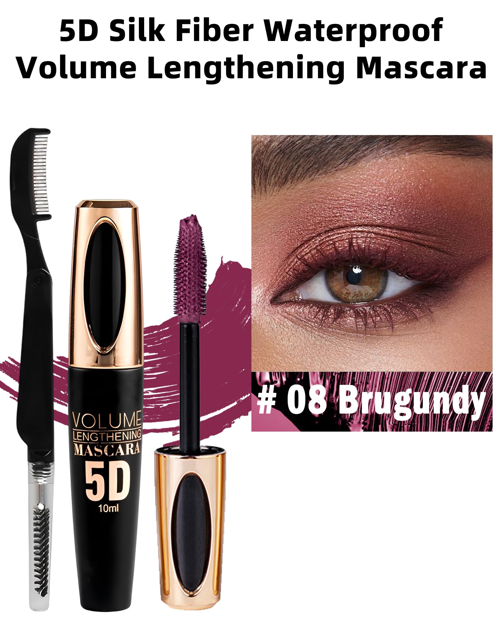 Burgundy Mascara Waterproof Tubing Mascara, Volume And Length Voluminous Colored Mascara For Eyelashes, Long Lasting Smudge-Proo
