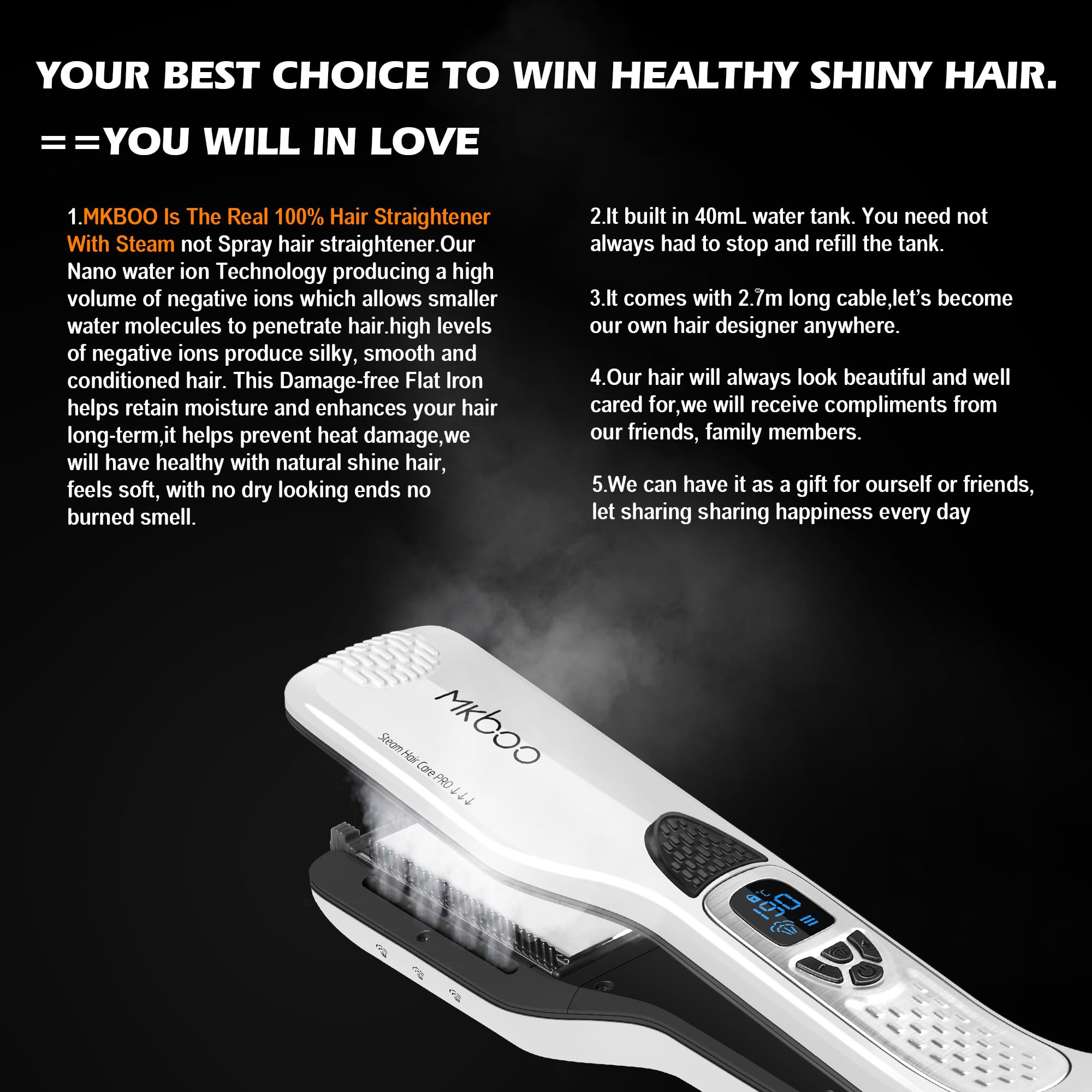 Mkboo Hair Straightener With Steam, Salon Professional Nano Titanium Ceramic Steam Flat Iron With Removable Comb+Digital Lcd+5 L